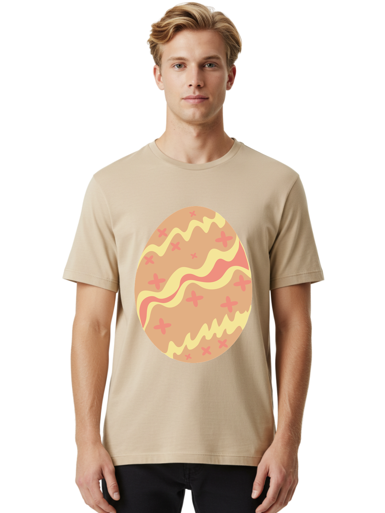 Decorated-Easter-Egg Men'S Graphic Tee, 100% Cotton, Comfortable Casual Summer Wear, Machine Washable, Easter Egg, Decorated Egg, Pastel Colors, Pink And Yellow Design, Cross Patterns, Wavy Lines, Spring Theme, Easter Decoration, Festive Egg Aac634