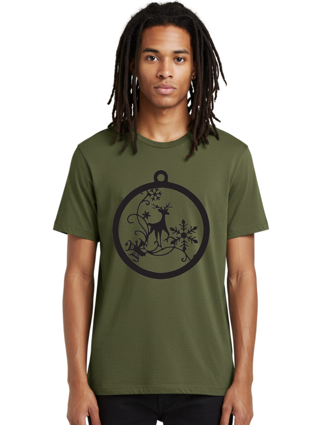 Deer-And-Snowflakes-Ornament Men'S Graphic Tee, 100% Cotton, Comfortable Casual Summer Wear, Machine Washable, Reindeer Silhouette, Christmas Decoration, Festive Design, Winter Wonderland, Holiday Decor, Snowflakes, Leaves, Aac637