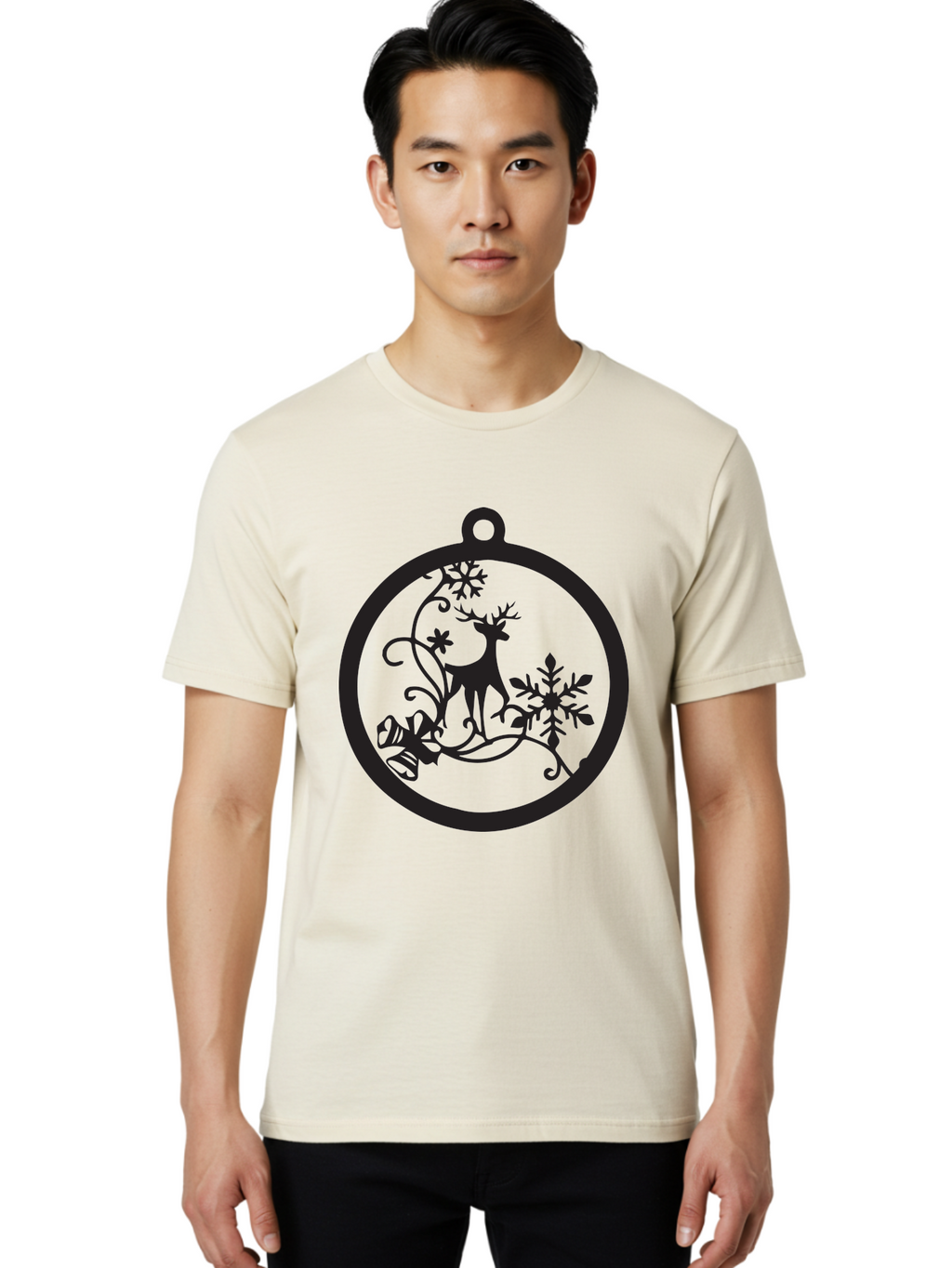 Deer-And-Snowflakes-Ornament Men'S Graphic Tee, 100% Cotton, Comfortable Casual Summer Wear, Machine Washable, Reindeer Silhouette, Christmas Decoration, Festive Design, Winter Wonderland, Holiday Decor, Snowflakes, Leaves, Aac637
