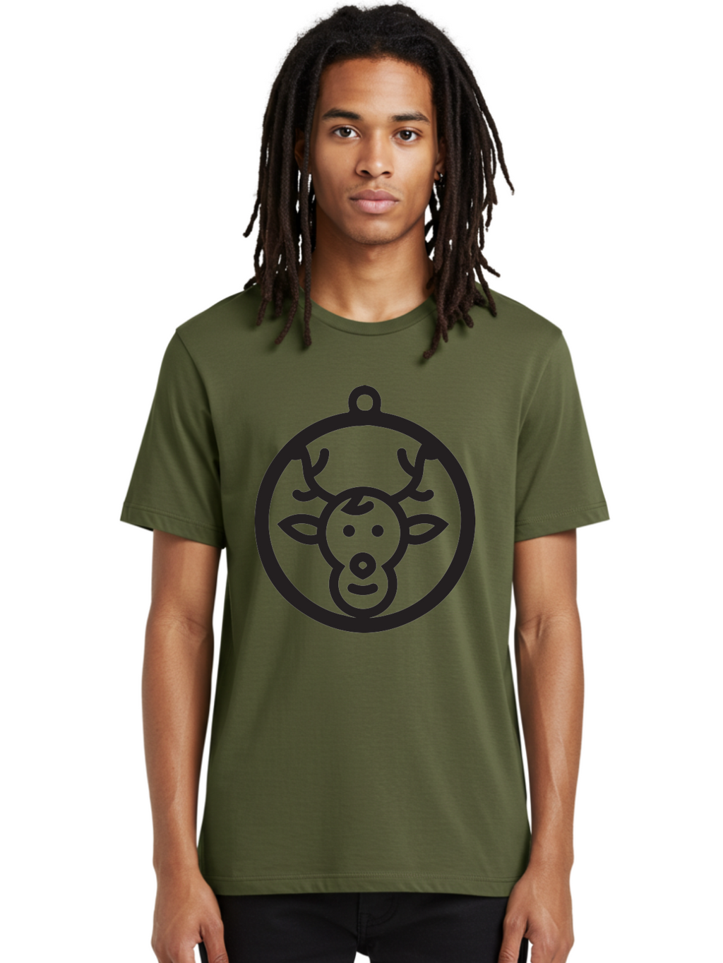 Deer-Head-Ornament Men'S Graphic Tee, 100% Cotton, Comfortable Casual Summer Wear, Machine Washable, Reindeer Face, Minimalist Design, Festive Decoration, Christmas Symbol, Holiday Theme, Cartoon Deer, Simple Illustration, Ornament Shape Aac640