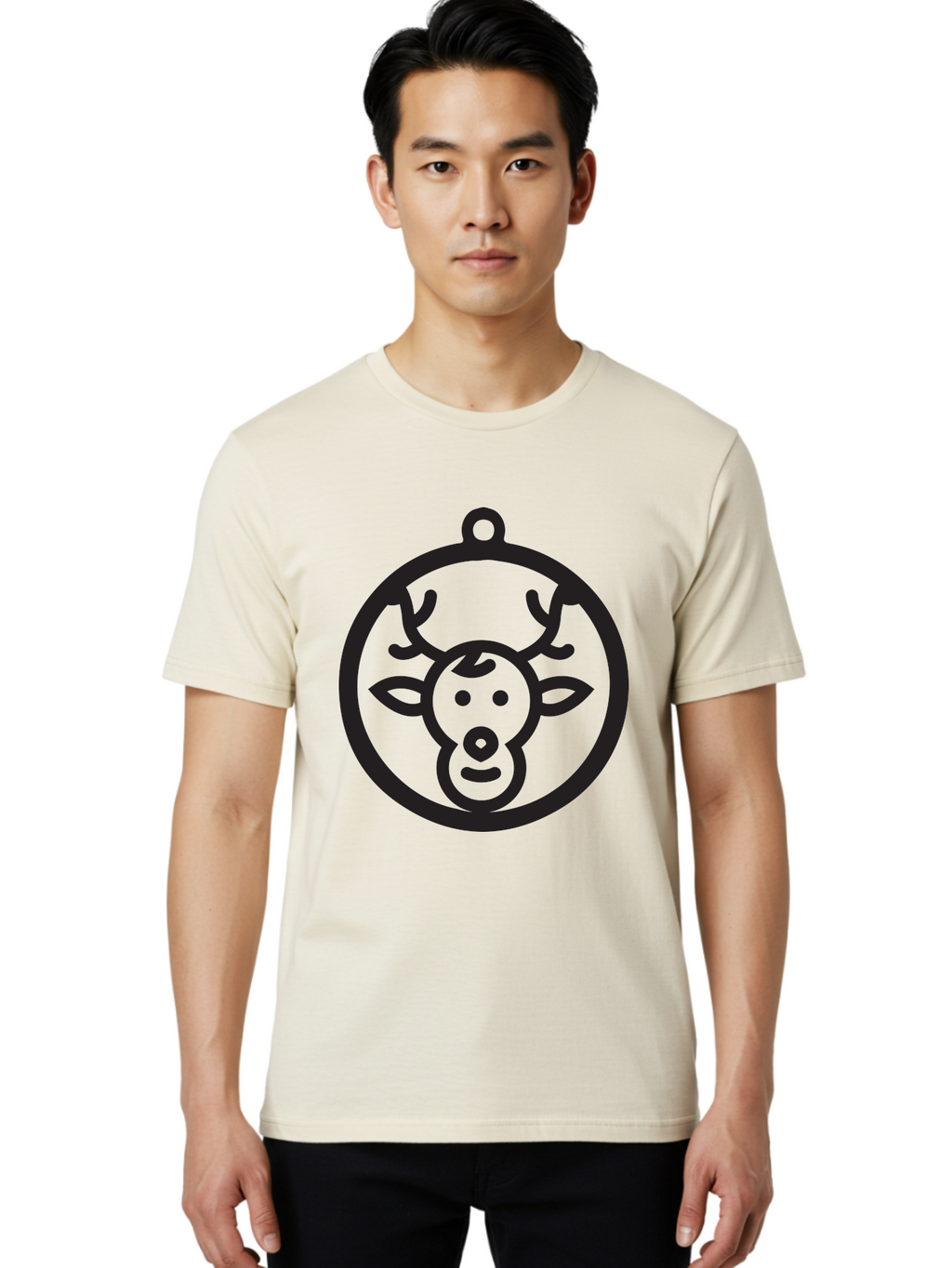Deer-Head-Ornament Men'S Graphic Tee, 100% Cotton, Comfortable Casual Summer Wear, Machine Washable, Reindeer Face, Minimalist Design, Festive Decoration, Christmas Symbol, Holiday Theme, Cartoon Deer, Simple Illustration, Ornament Shape Aac640