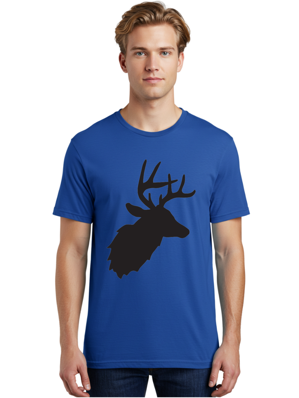 Deer-Head-Silhouette Men'S Graphic Tee, 100% Cotton, Comfortable Casual Summer Wear, Machine Washable, Elk Silhouette, Wildlife Art, Majestic Animal, Forest Creature, Hunting Symbol, Nature Icon, Graphic Design, Simple Illustration, Aac641