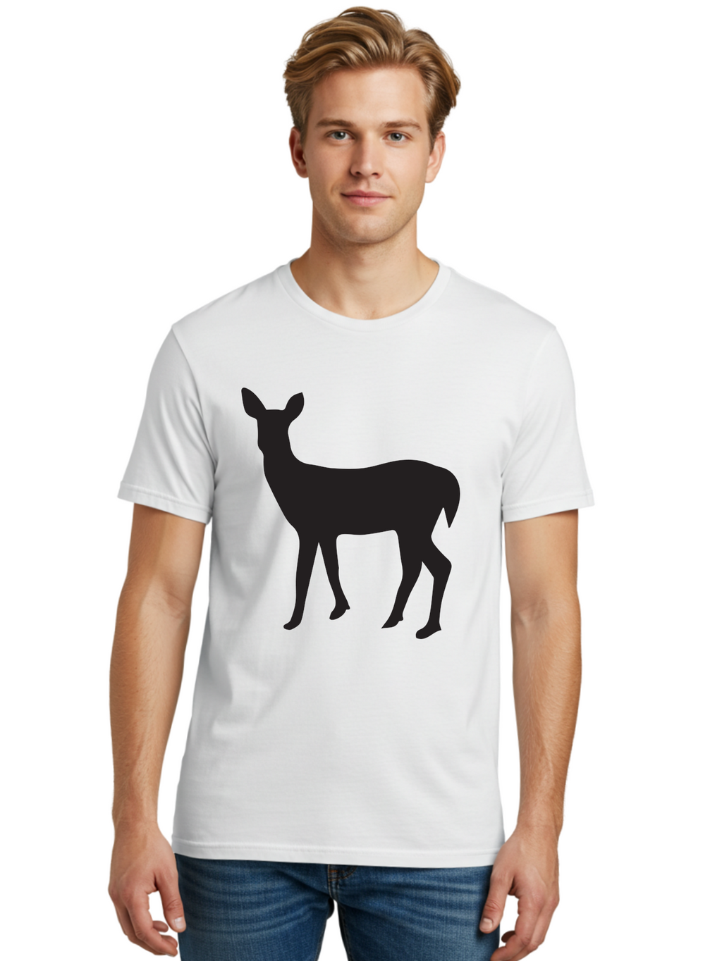 Deer-Silhouette-1 Men'S Graphic Tee, 100% Cotton, Comfortable Casual Summer Wear, Machine Washable, Deer Silhouette, Wildlife Graphic, Animal Shape, Simple Design, Minimalist Art, Forest Creature, Nature Icon Aac642