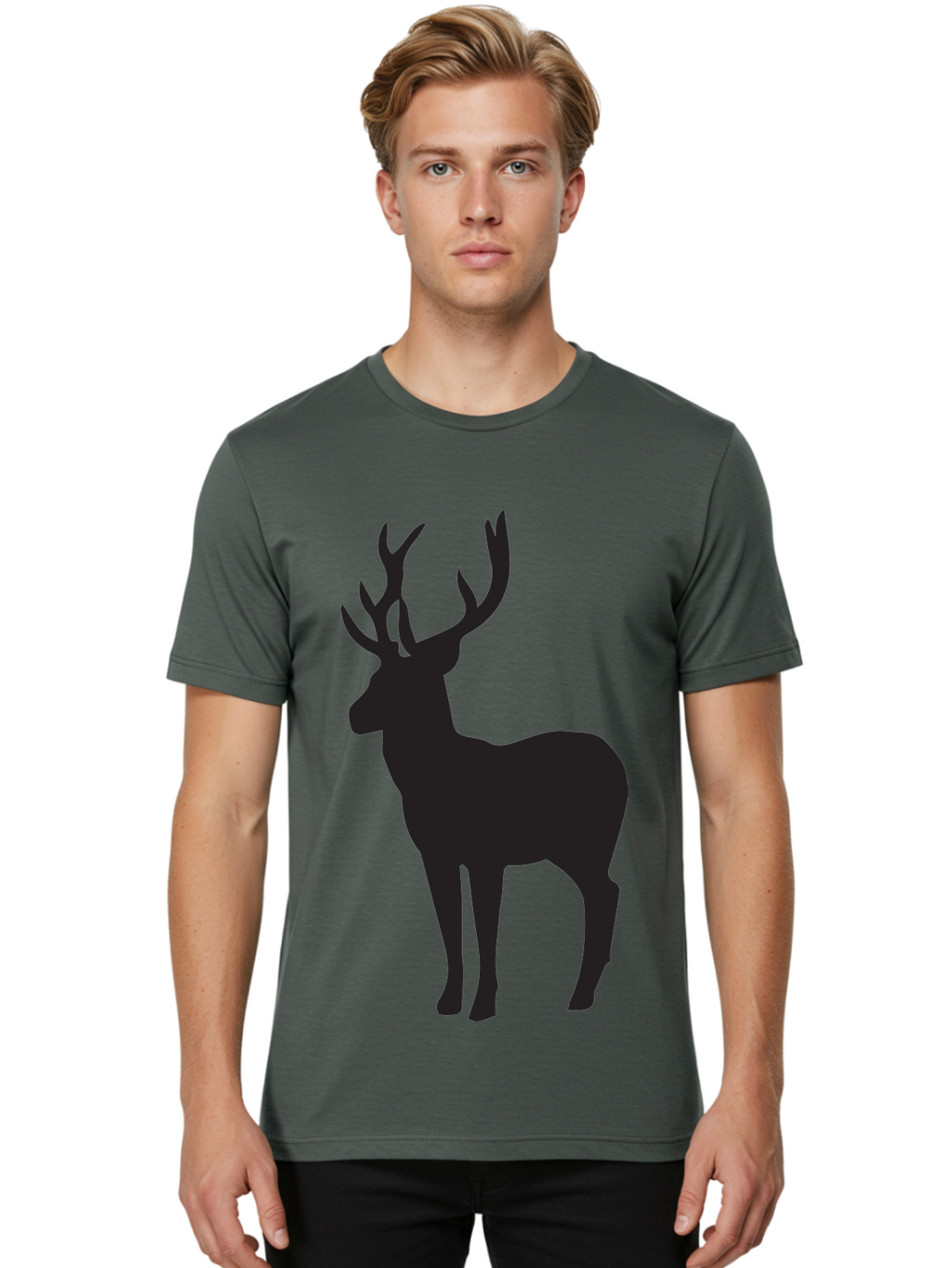 Deer-Silhouette-2 Men'S Graphic Tee, 100% Cotton, Comfortable Casual Summer Wear, Machine Washable, Deer Silhouette, Stag Illustration, Antlered Animal, Wildlife Graphic, Majestic Deer, Forest Creature, Simple Design, Minimalist Art, Aac643