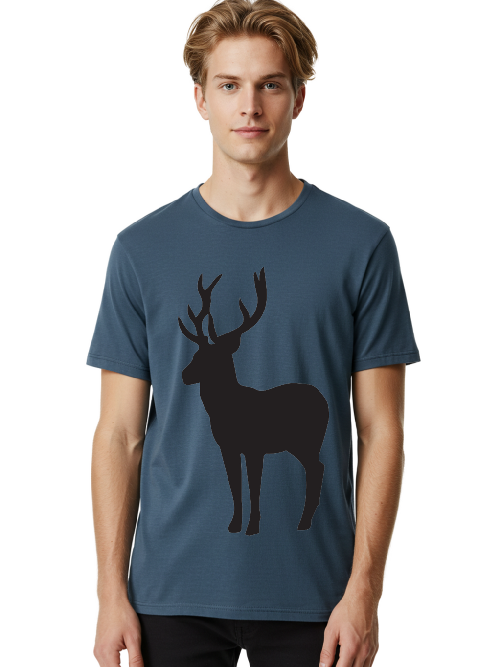 Deer-Silhouette-2 Men'S Graphic Tee, 100% Cotton, Comfortable Casual Summer Wear, Machine Washable, Deer Silhouette, Stag Illustration, Antlered Animal, Wildlife Graphic, Majestic Deer, Forest Creature, Simple Design, Minimalist Art, Aac643