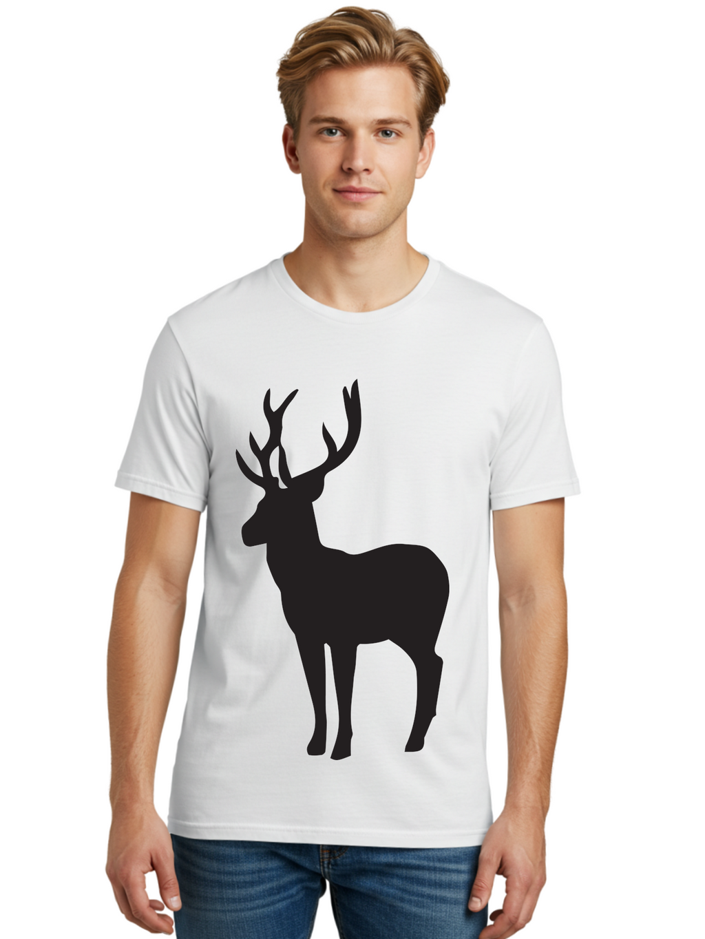 Deer-Silhouette-2 Men'S Graphic Tee, 100% Cotton, Comfortable Casual Summer Wear, Machine Washable, Deer Silhouette, Stag Illustration, Antlered Animal, Wildlife Graphic, Majestic Deer, Forest Creature, Simple Design, Minimalist Art, Aac643