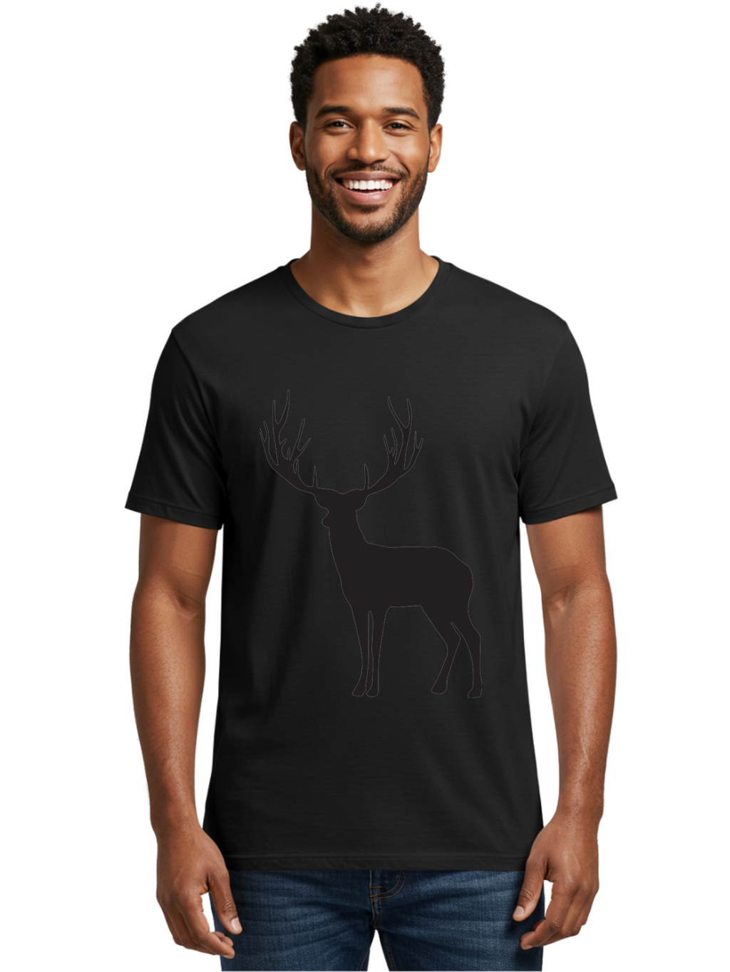 Deer-Silhouette-3 Men'S Graphic Tee, 100% Cotton, Comfortable Casual Summer Wear, Machine Washable, Deer Silhouette, Majestic Stag, Wildlife Illustration, Black Silhouette, Antlers, Wild Animal, Forest Creature, Nature Graphic Aac644
