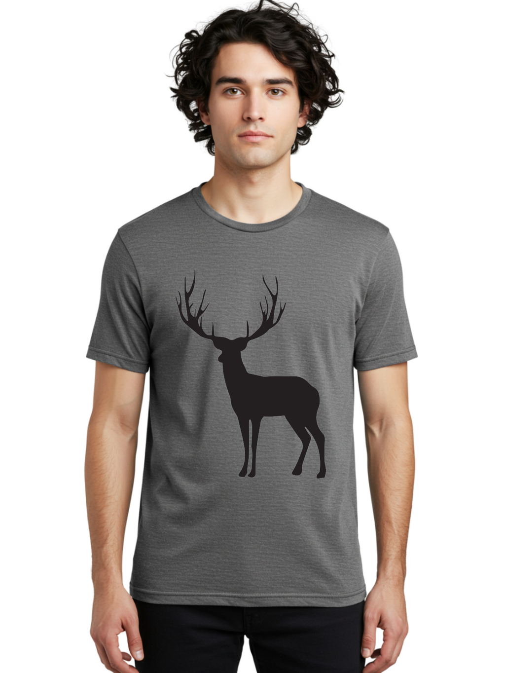 Deer-Silhouette-3 Men'S Graphic Tee, 100% Cotton, Comfortable Casual Summer Wear, Machine Washable, Deer Silhouette, Majestic Stag, Wildlife Illustration, Black Silhouette, Antlers, Wild Animal, Forest Creature, Nature Graphic Aac644
