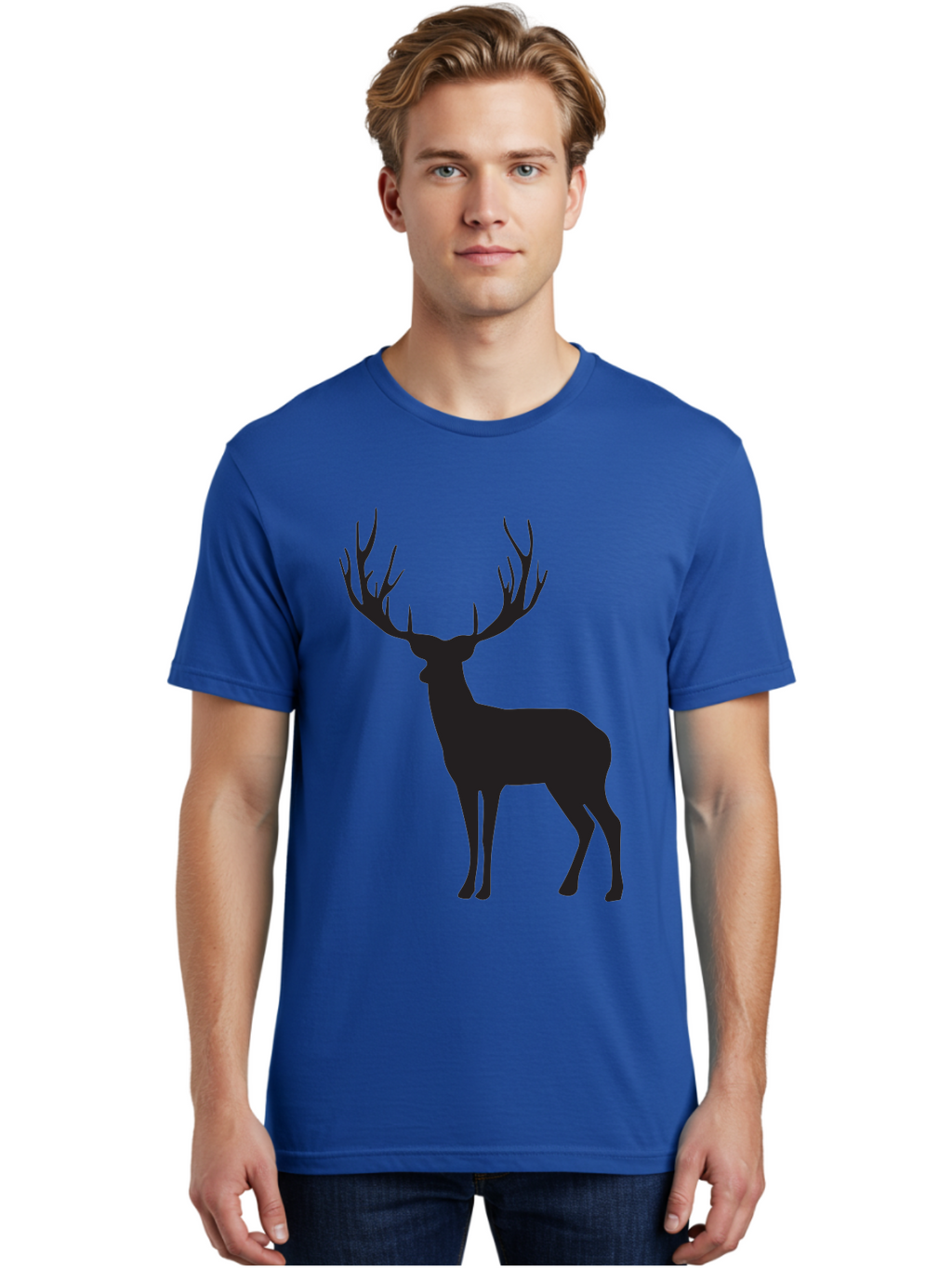 Deer-Silhouette-3 Men'S Graphic Tee, 100% Cotton, Comfortable Casual Summer Wear, Machine Washable, Deer Silhouette, Majestic Stag, Wildlife Illustration, Black Silhouette, Antlers, Wild Animal, Forest Creature, Nature Graphic Aac644