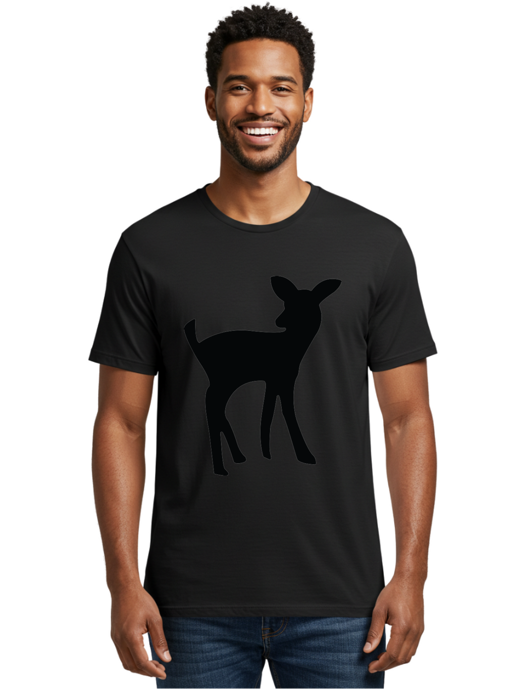 Deer-Silhouette Men'S Graphic Tee, 100% Cotton, Comfortable Casual Summer Wear, Machine Washable, Deer Silhouette, Wildlife Art, Minimalist Design, Black Silhouette, Simple Shapes, Animal Graphics, Nature-Inspired, Forest Creatures Aac645