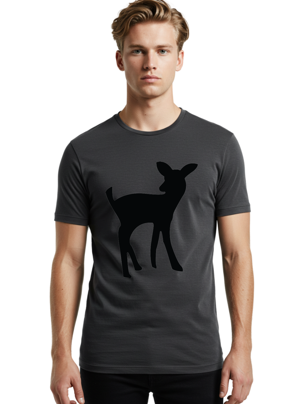 Deer-Silhouette Men'S Graphic Tee, 100% Cotton, Comfortable Casual Summer Wear, Machine Washable, Deer Silhouette, Wildlife Art, Minimalist Design, Black Silhouette, Simple Shapes, Animal Graphics, Nature-Inspired, Forest Creatures Aac645