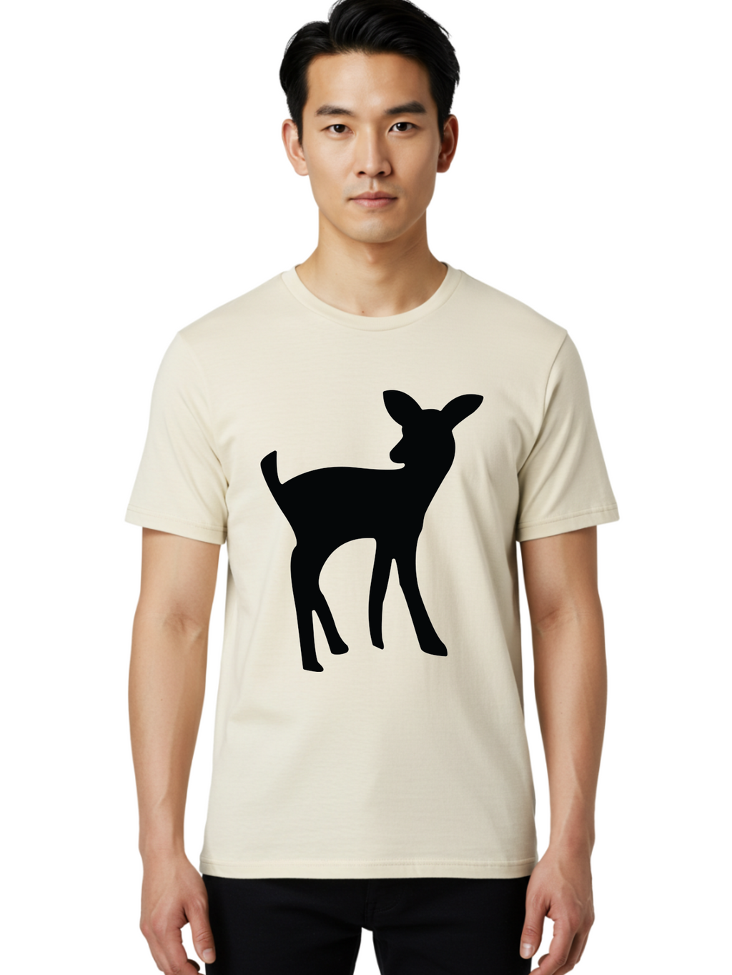 Deer-Silhouette Men'S Graphic Tee, 100% Cotton, Comfortable Casual Summer Wear, Machine Washable, Deer Silhouette, Wildlife Art, Minimalist Design, Black Silhouette, Simple Shapes, Animal Graphics, Nature-Inspired, Forest Creatures Aac645