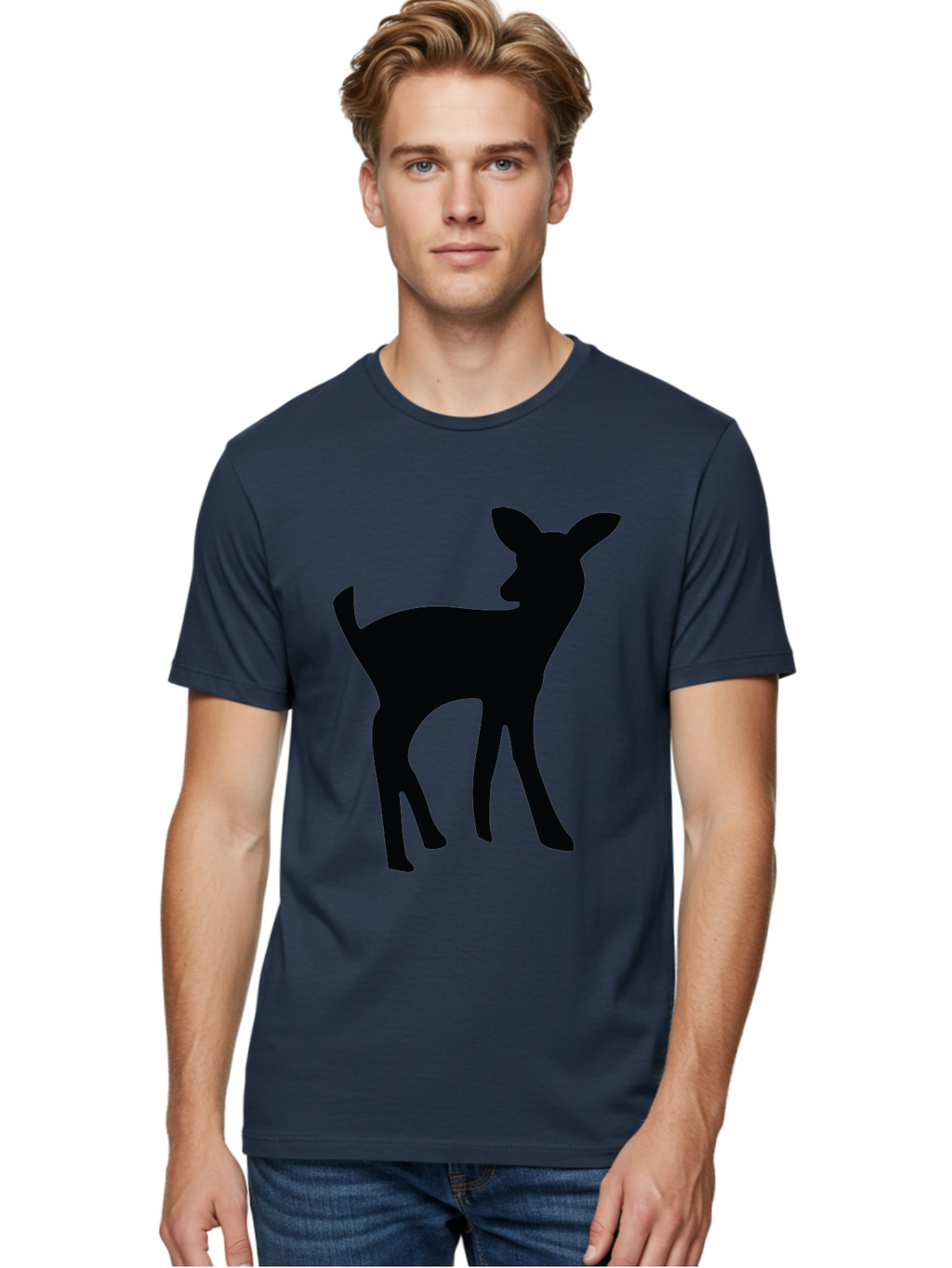 Deer-Silhouette Men'S Graphic Tee, 100% Cotton, Comfortable Casual Summer Wear, Machine Washable, Deer Silhouette, Wildlife Art, Minimalist Design, Black Silhouette, Simple Shapes, Animal Graphics, Nature-Inspired, Forest Creatures Aac645