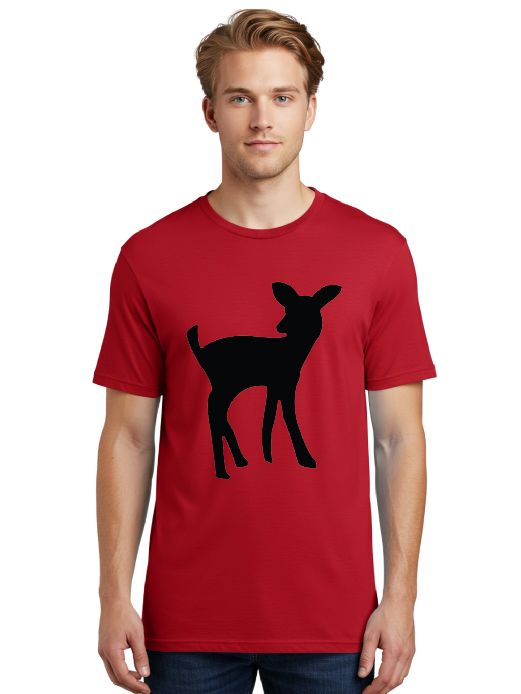 Deer-Silhouette Men'S Graphic Tee, 100% Cotton, Comfortable Casual Summer Wear, Machine Washable, Deer Silhouette, Wildlife Art, Minimalist Design, Black Silhouette, Simple Shapes, Animal Graphics, Nature-Inspired, Forest Creatures Aac645