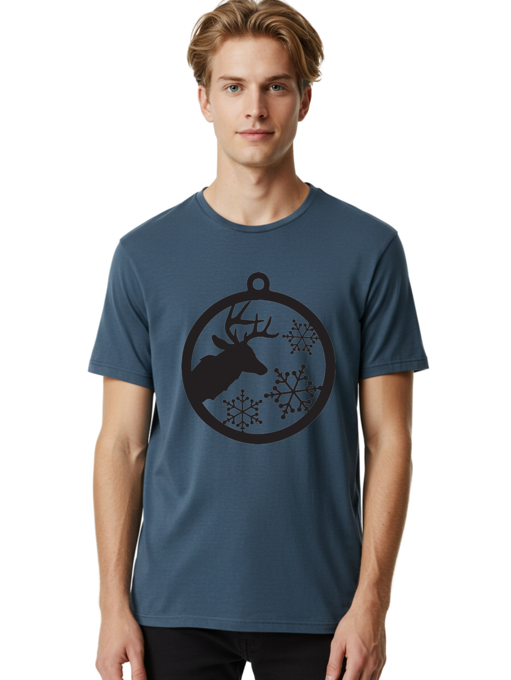 Deer-Snowflakes-Ornament Men'S Graphic Tee, 100% Cotton, Comfortable Casual Summer Wear, Machine Washable, Deer Silhouette, Snowflakes, Christmas Ornament, Winter Decoration, Festive Design, Holiday Decor, Wildlife Theme, Aac646