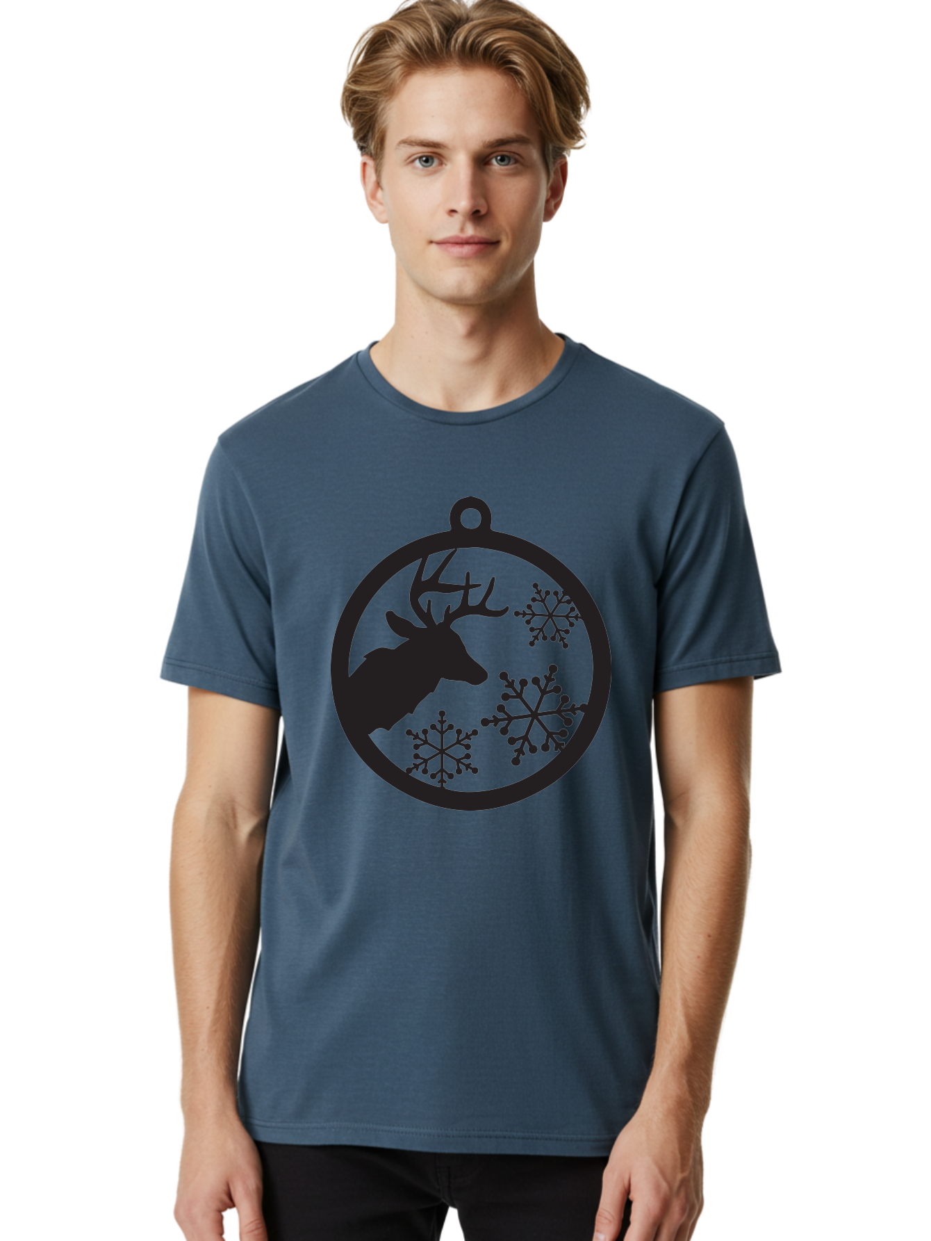 Deer-Snowflakes-Ornament Men'S Graphic Tee, 100% Cotton, Comfortable Casual Summer Wear, Machine Washable, Deer Silhouette, Snowflakes, Christmas Ornament, Winter Decoration, Festive Design, Holiday Decor, Wildlife Theme, Aac646
