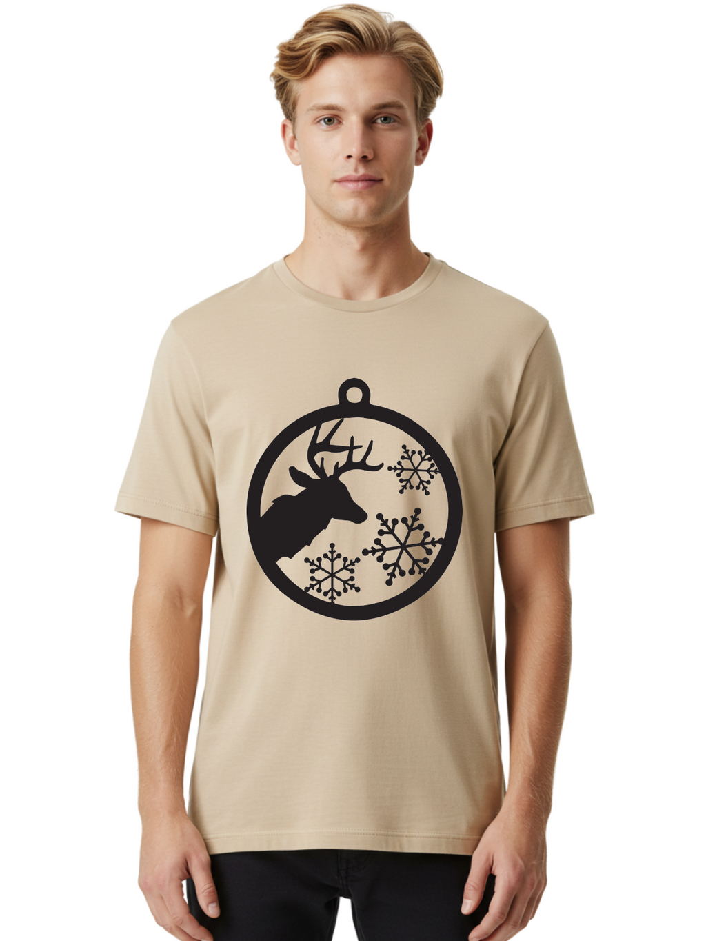 Deer-Snowflakes-Ornament Men'S Graphic Tee, 100% Cotton, Comfortable Casual Summer Wear, Machine Washable, Deer Silhouette, Snowflakes, Christmas Ornament, Winter Decoration, Festive Design, Holiday Decor, Wildlife Theme, Aac646