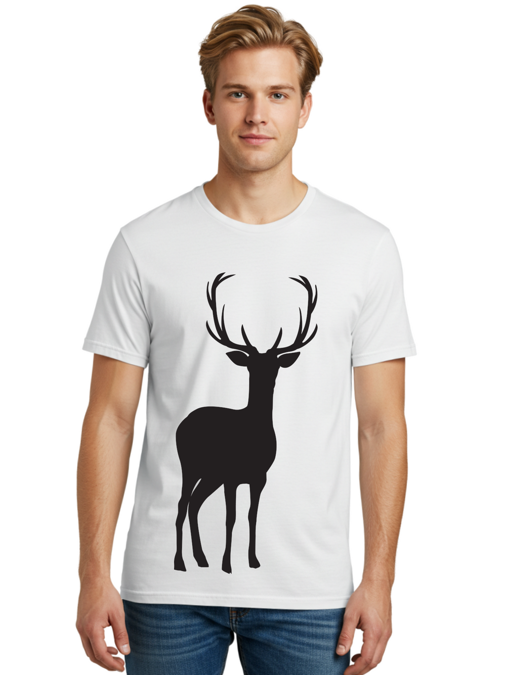 Deer Men'S Graphic Tee, 100% Cotton, Comfortable Casual Summer Wear, Machine Washable, Deer Silhouette, Majestic Stag, Wildlife Graphic, Antlers, Wild Animal, Minimalist Design, Nature-Inspired Art, Simple Illustration Aac647