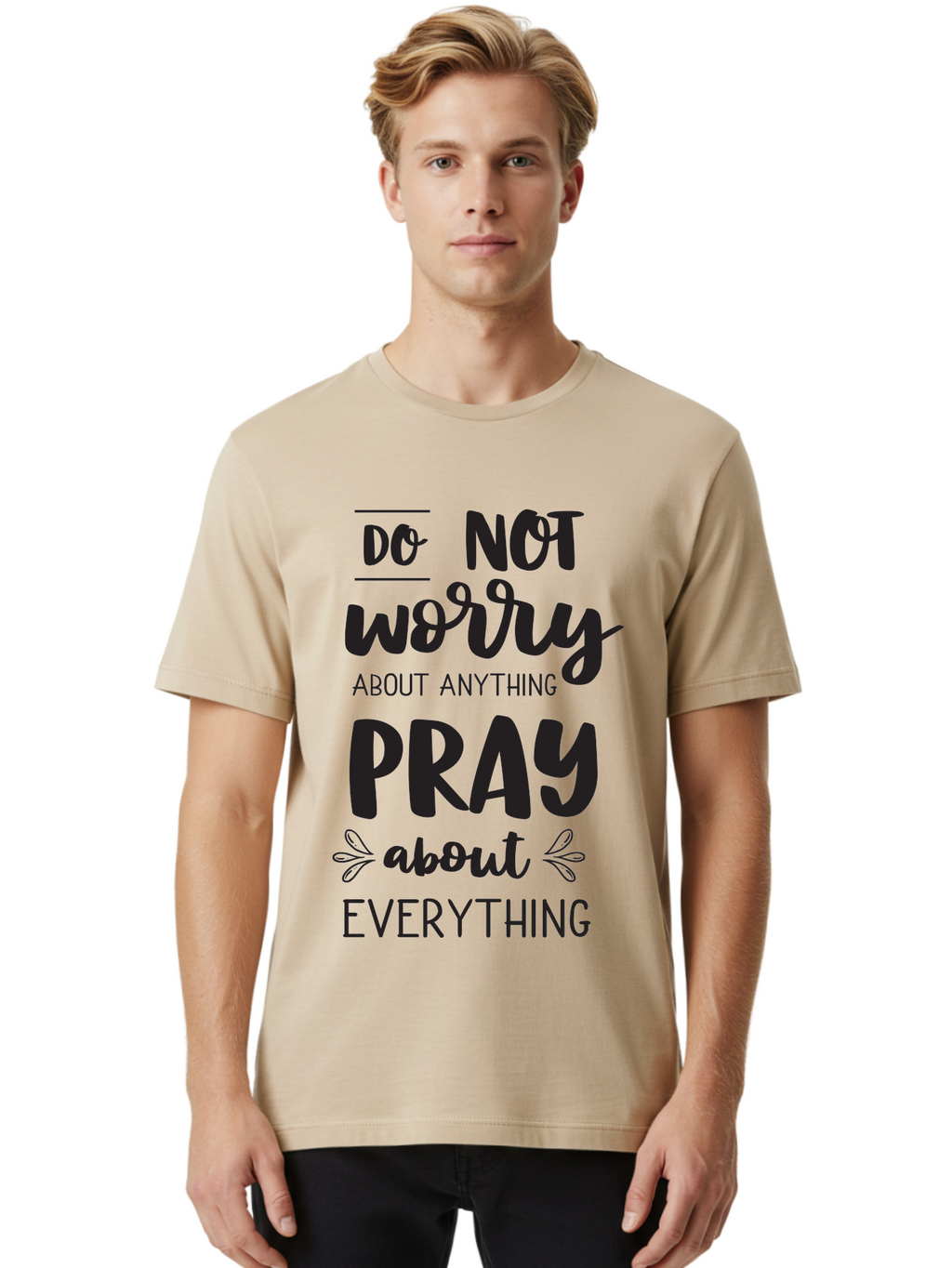 Do-Not-Worry-About-Anything-Pray-About-Everything Men'S Graphic Tee, 100% Cotton, Comfortable Casual Summer Wear, Machine Washable, Inspirational Quote, Motivational Phrase, Do Not Worry, Pray About Everything, Faith-Based Message, Aac650