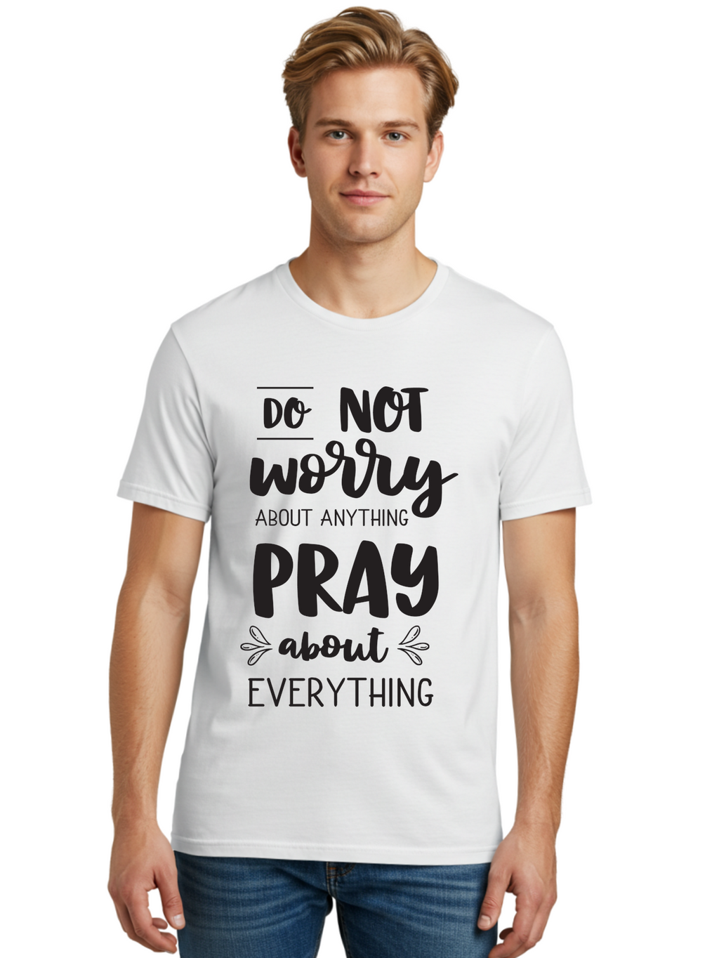 Do-Not-Worry-About-Anything-Pray-About-Everything Men'S Graphic Tee, 100% Cotton, Comfortable Casual Summer Wear, Machine Washable, Inspirational Quote, Motivational Phrase, Do Not Worry, Pray About Everything, Faith-Based Message, Aac650
