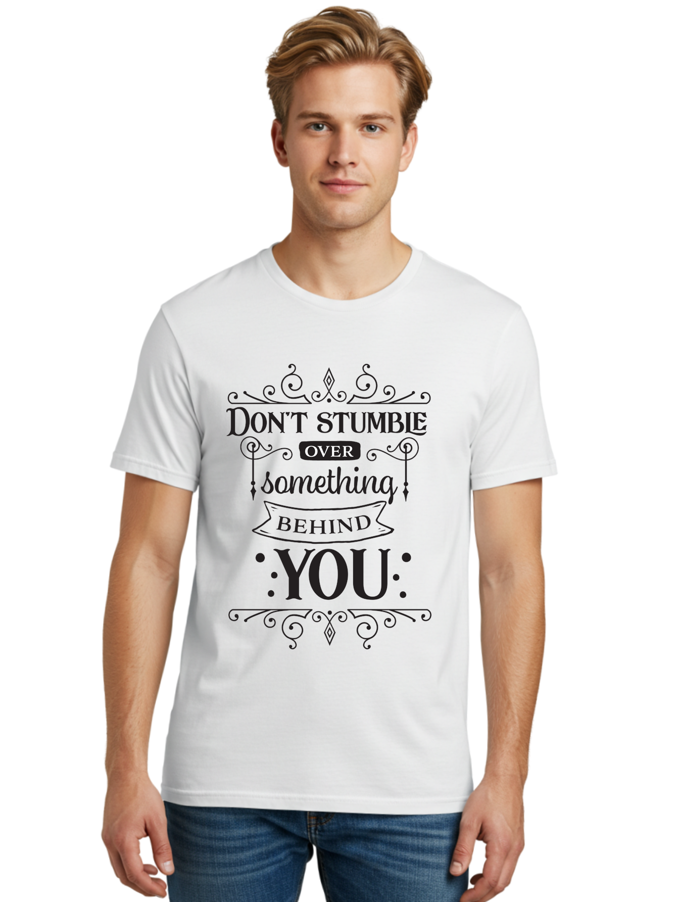 Don-T-Stumble-Over-Something-Behind-You Men'S Graphic Tee, 100% Cotton, Comfortable Casual Summer Wear, Machine Washable, Motivational Quote, Inspiring Phrase, Don'T Stumble Over Something Behind You, Personal Growth, Self-Improvement, Aac658