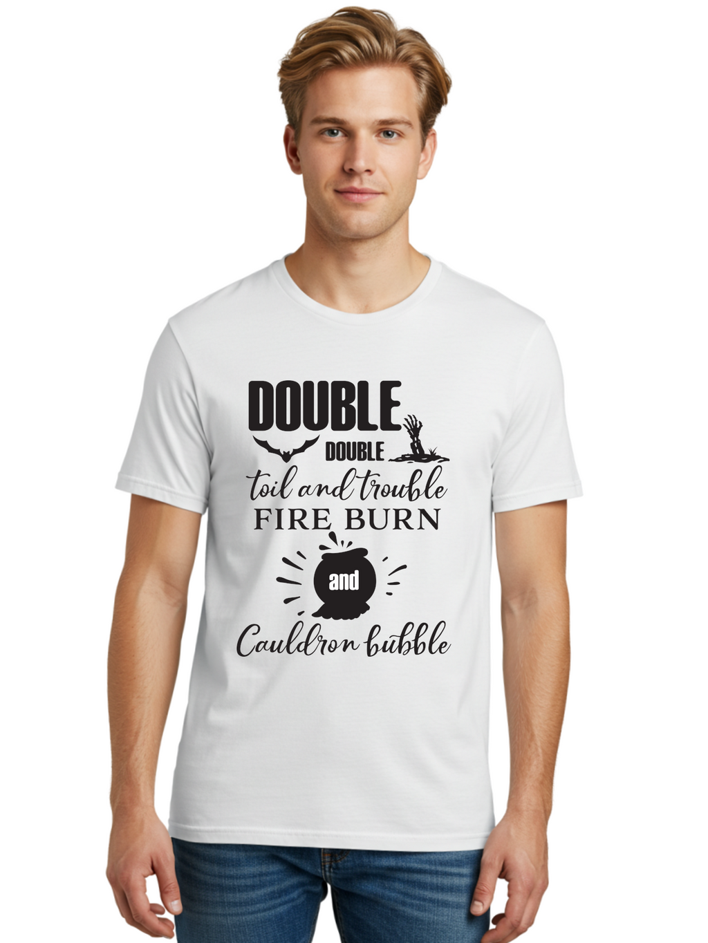 Double-Double-Toil-And-Trouble Men'S Graphic Tee, 100% Cotton, Comfortable Casual Summer Wear, Machine Washable, Halloween Quote, Witchy Vibes, Spooky Season, Macbeth Reference, Double Double Toil And Trouble, Halloween Graphics, Aac660