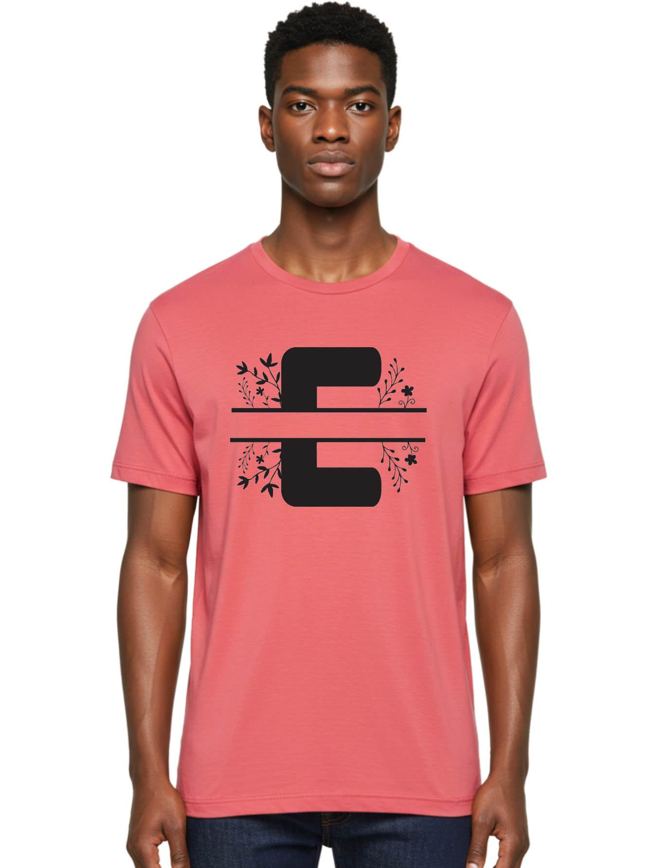 E-1 Men'S Graphic Tee, 100% Cotton, Comfortable Casual Summer Wear, Machine Washable, Floral Designs, Leafy Patterns, Bold Typography, Decorative Elements, Black Silhouettes, Elegant Lettering, Floral Motifs Aac664