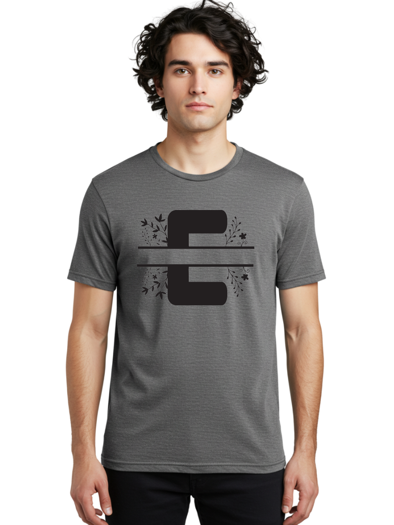 E-1 Men'S Graphic Tee, 100% Cotton, Comfortable Casual Summer Wear, Machine Washable, Floral Designs, Leafy Patterns, Bold Typography, Decorative Elements, Black Silhouettes, Elegant Lettering, Floral Motifs Aac664