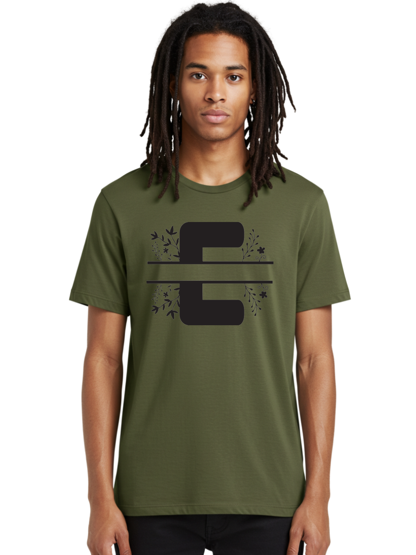 E-1 Men'S Graphic Tee, 100% Cotton, Comfortable Casual Summer Wear, Machine Washable, Floral Designs, Leafy Patterns, Bold Typography, Decorative Elements, Black Silhouettes, Elegant Lettering, Floral Motifs Aac664