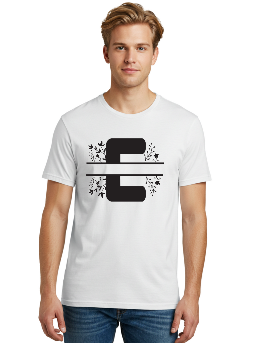 E-1 Men'S Graphic Tee, 100% Cotton, Comfortable Casual Summer Wear, Machine Washable, Floral Designs, Leafy Patterns, Bold Typography, Decorative Elements, Black Silhouettes, Elegant Lettering, Floral Motifs Aac664
