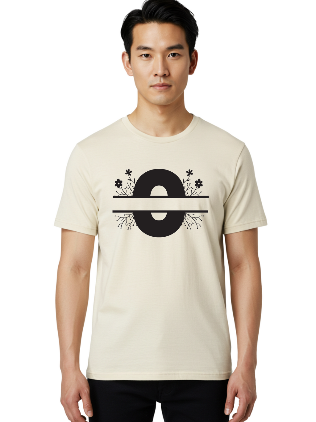 E-2 Men'S Graphic Tee, 100% Cotton, Comfortable Casual Summer Wear, Machine Washable, Black Letter E, Floral Design, Abstract Art, Minimalist Style, Bold Typography, Artistic Expression, Elegance, Simplicity, Modern Aesthetic, Unique Design, Aac665