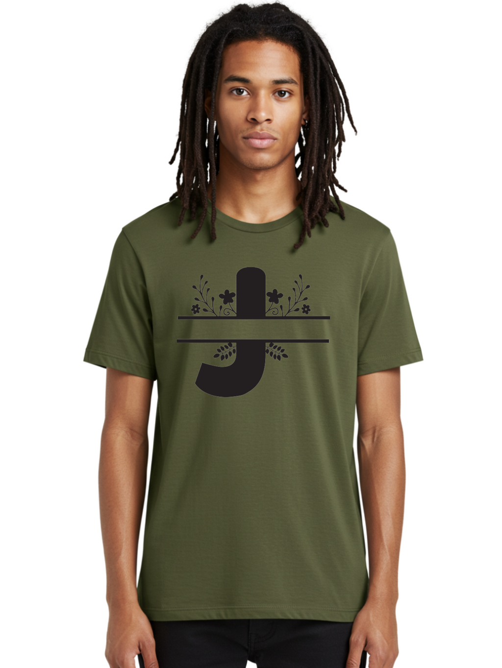 E-Symbol Men'S Graphic Tee, 100% Cotton, Comfortable Casual Summer Wear, Machine Washable, Floral Alphabet, Decorative Letter, Black And Green, Bold Font, Flowers And Leaves, Elegant Design, Stylized Lettering, Unique Typography Aac666