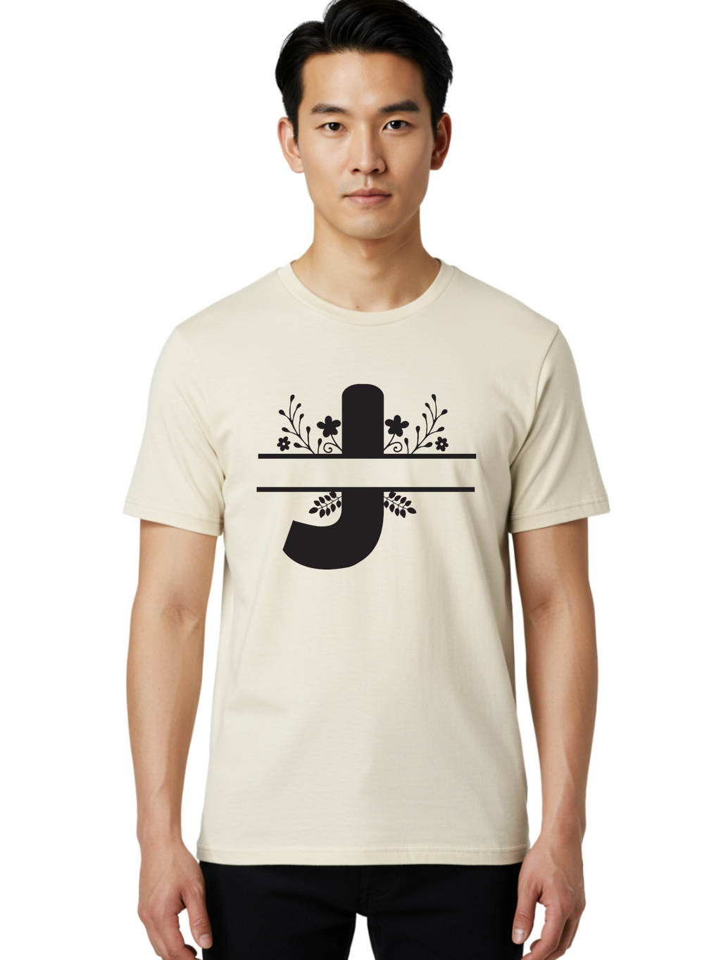 E-Symbol Men'S Graphic Tee, 100% Cotton, Comfortable Casual Summer Wear, Machine Washable, Floral Alphabet, Decorative Letter, Black And Green, Bold Font, Flowers And Leaves, Elegant Design, Stylized Lettering, Unique Typography Aac666