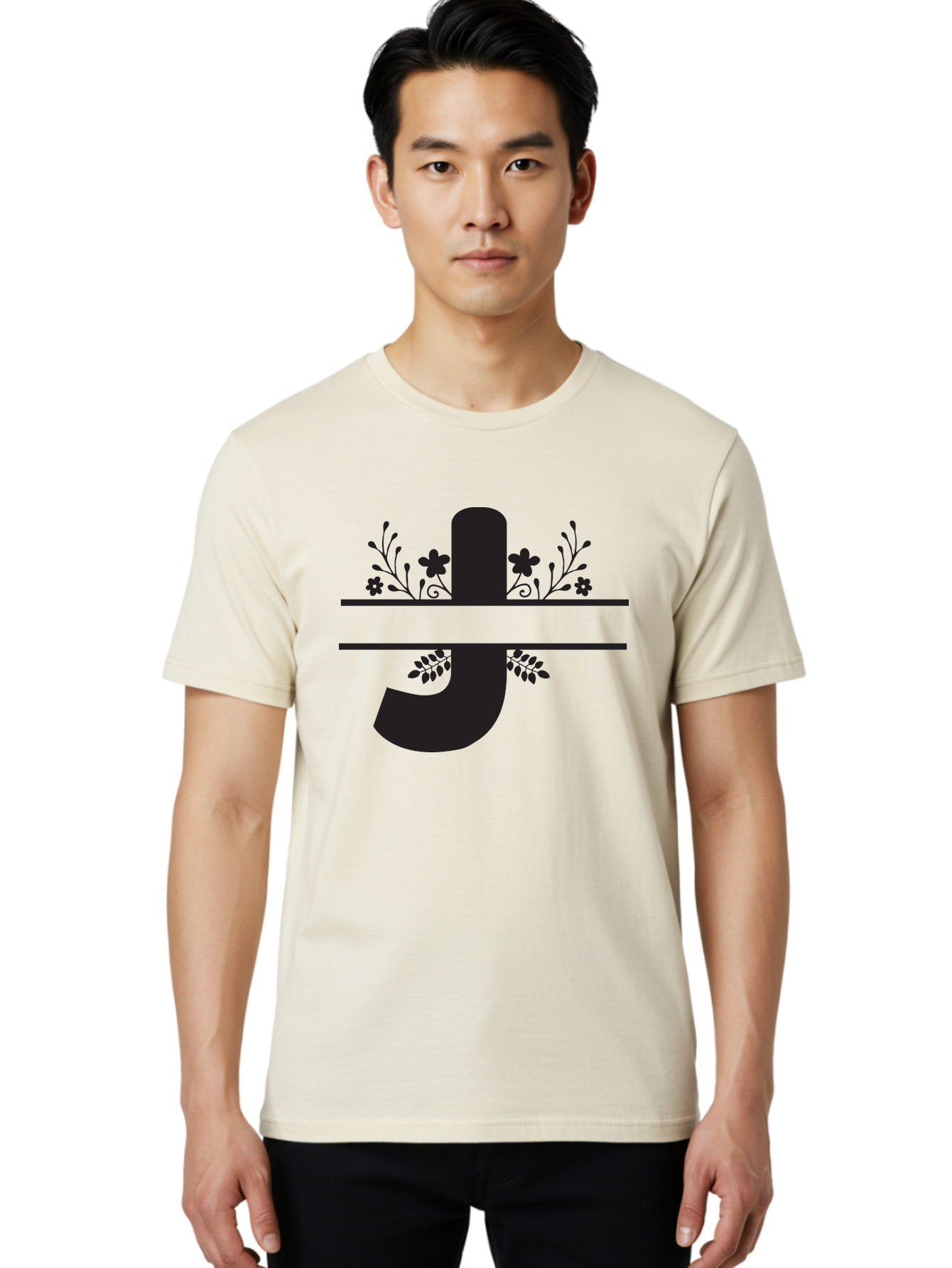 E-Symbol Men'S Graphic Tee, 100% Cotton, Comfortable Casual Summer Wear, Machine Washable, Floral Alphabet, Decorative Letter, Black And Green, Bold Font, Flowers And Leaves, Elegant Design, Stylized Lettering, Unique Typography Aac666