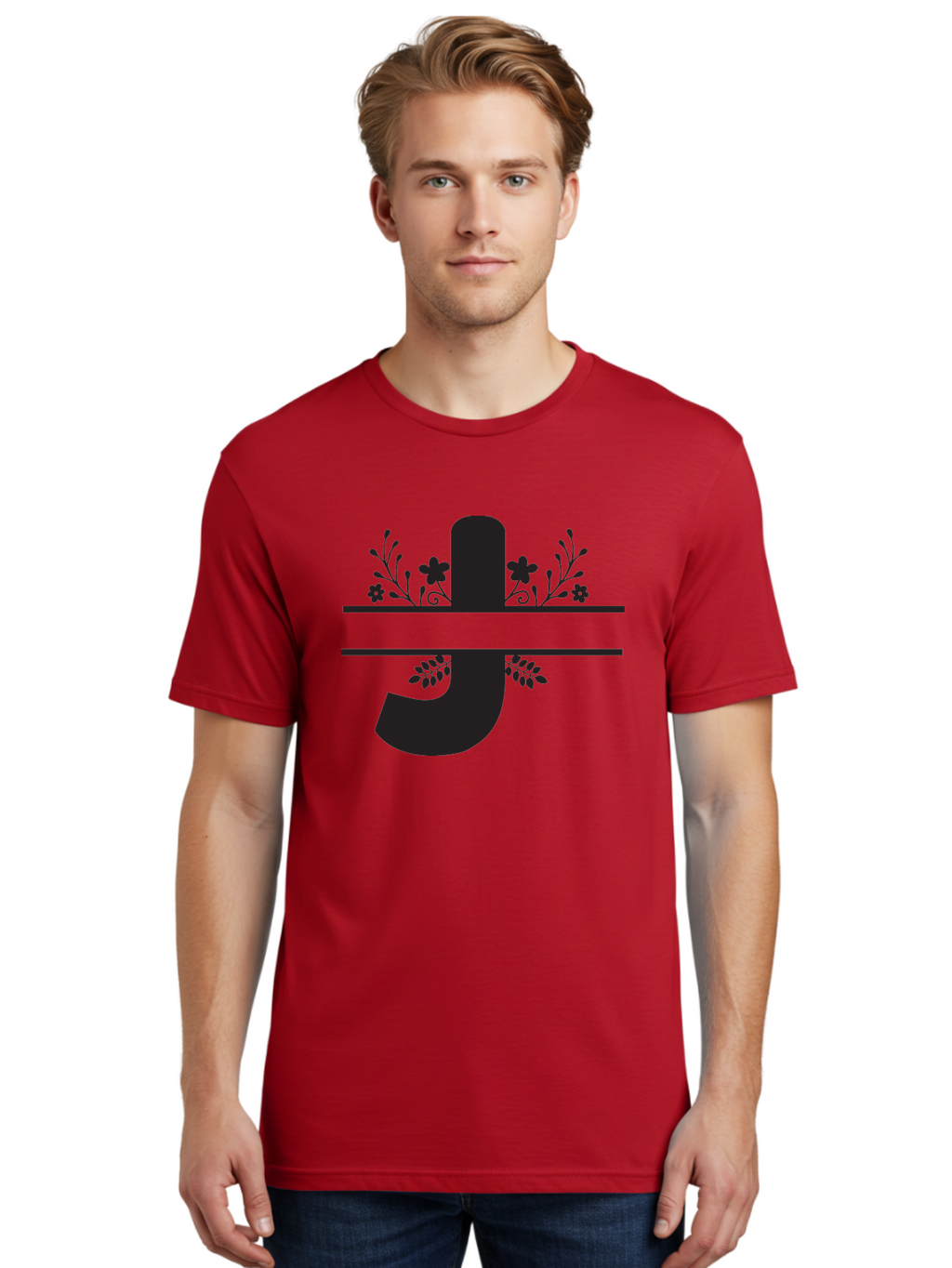 E-Symbol Men'S Graphic Tee, 100% Cotton, Comfortable Casual Summer Wear, Machine Washable, Floral Alphabet, Decorative Letter, Black And Green, Bold Font, Flowers And Leaves, Elegant Design, Stylized Lettering, Unique Typography Aac666