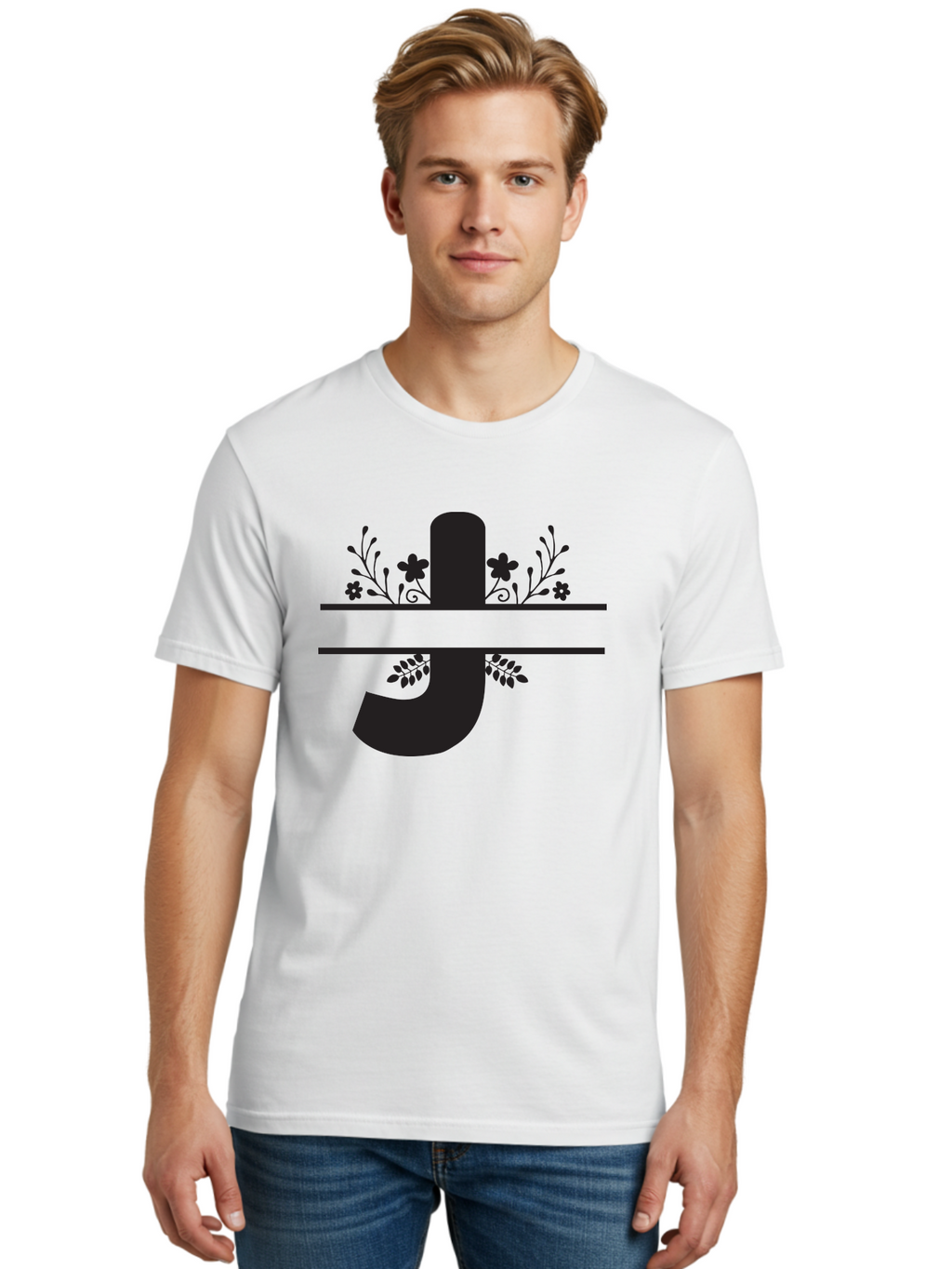 E-Symbol Men'S Graphic Tee, 100% Cotton, Comfortable Casual Summer Wear, Machine Washable, Floral Alphabet, Decorative Letter, Black And Green, Bold Font, Flowers And Leaves, Elegant Design, Stylized Lettering, Unique Typography Aac666