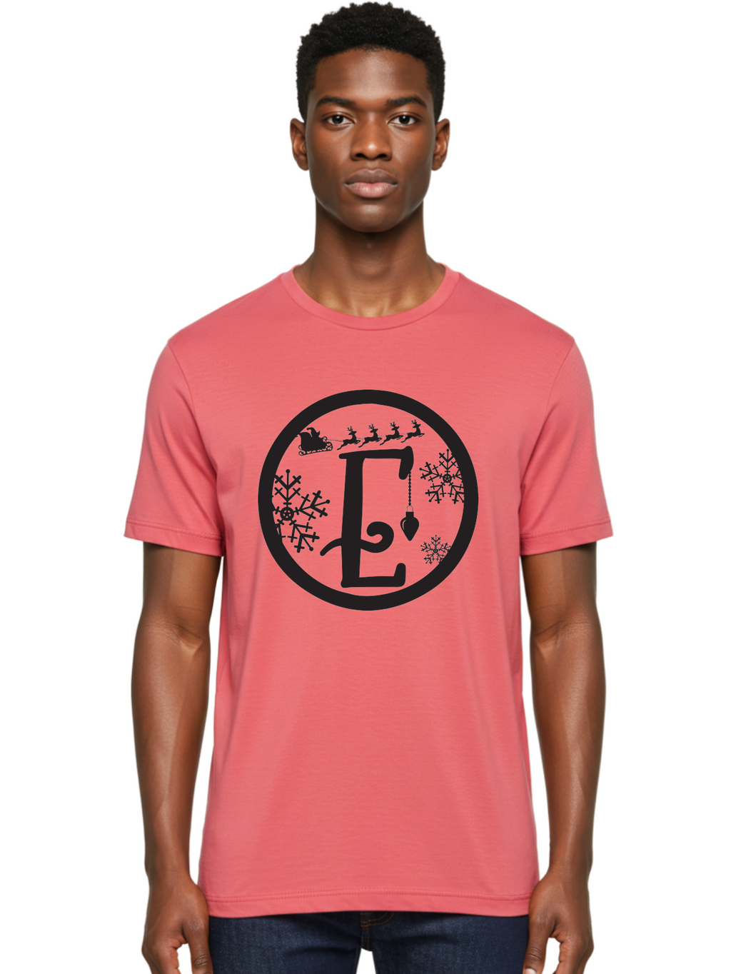 E Men'S Graphic Tee, 100% Cotton, Comfortable Casual Summer Wear, Machine Washable, Christmas Monogram, Festive Alphabet, Santa'S Sleigh, Reindeer In Flight, Snowflakes, Hanging Ornament, Holiday Decor, Winter Wonderland, Festive Design, Aac667