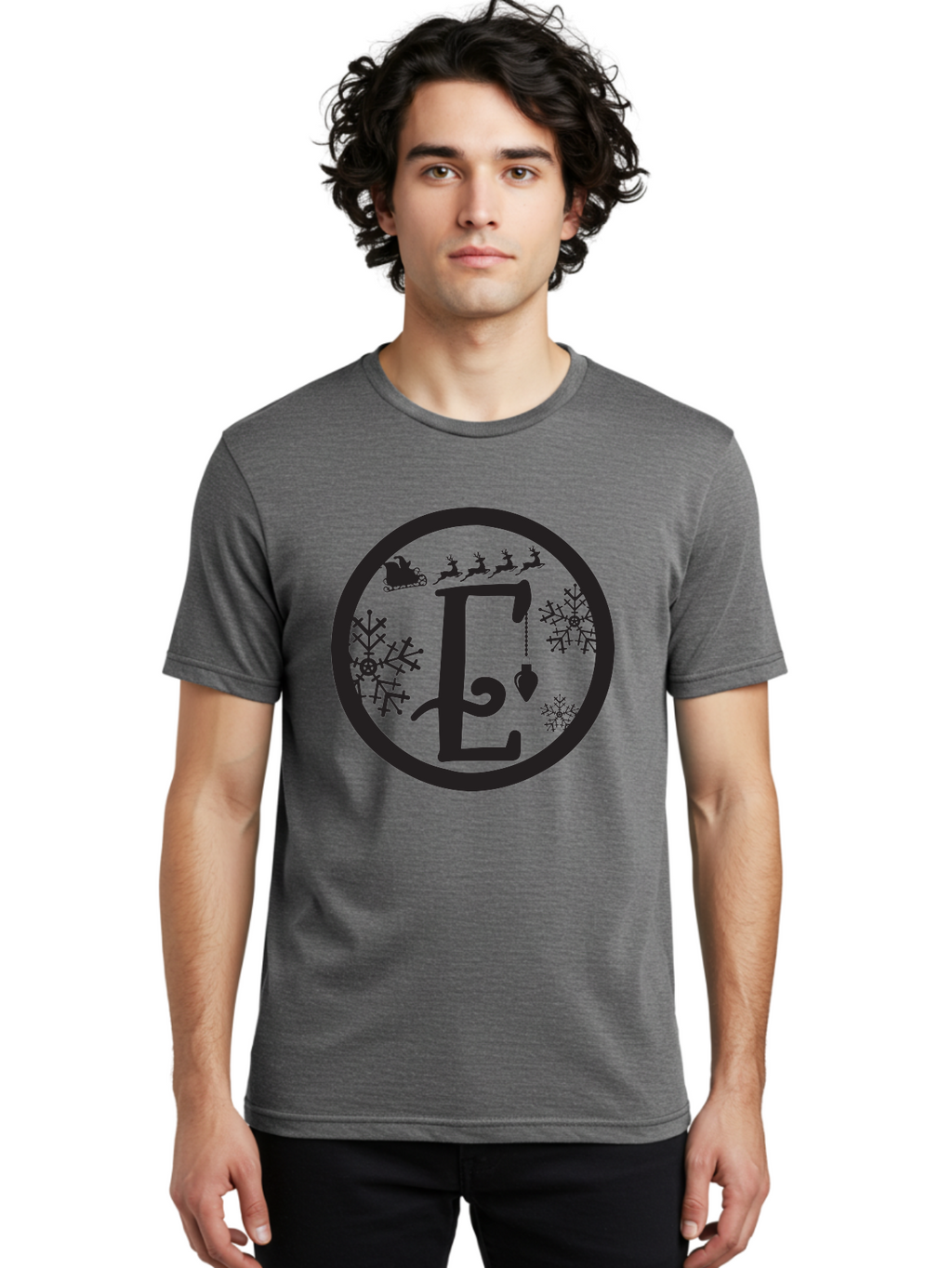E Men'S Graphic Tee, 100% Cotton, Comfortable Casual Summer Wear, Machine Washable, Christmas Monogram, Festive Alphabet, Santa'S Sleigh, Reindeer In Flight, Snowflakes, Hanging Ornament, Holiday Decor, Winter Wonderland, Festive Design, Aac667