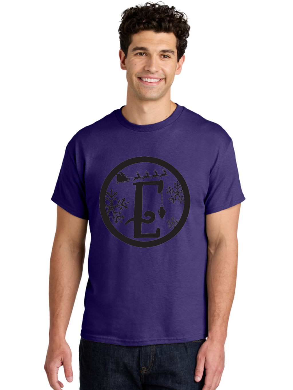 E Men'S Graphic Tee, 100% Cotton, Comfortable Casual Summer Wear, Machine Washable, Christmas Monogram, Festive Alphabet, Santa'S Sleigh, Reindeer In Flight, Snowflakes, Hanging Ornament, Holiday Decor, Winter Wonderland, Festive Design, Aac667