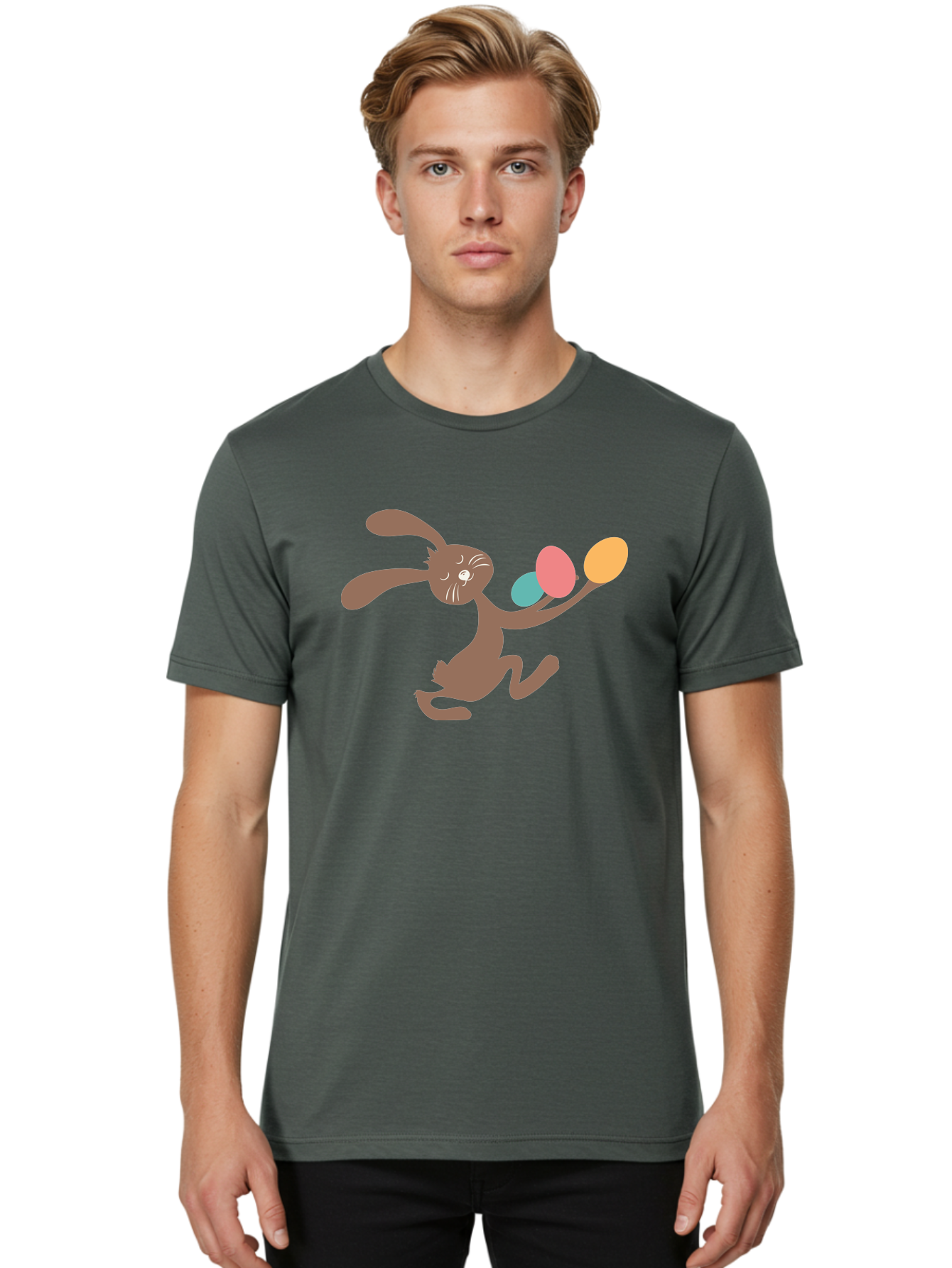 Easter-Bunny Men'S Graphic Tee, 100% Cotton, Comfortable Casual Summer Wear, Machine Washable, Cartoon Bunny, Easter Eggs, Pastel Colors, Playful Rabbit, Spring Celebration, Easter Holiday, Colorful Eggs, Festive Scene Aac668