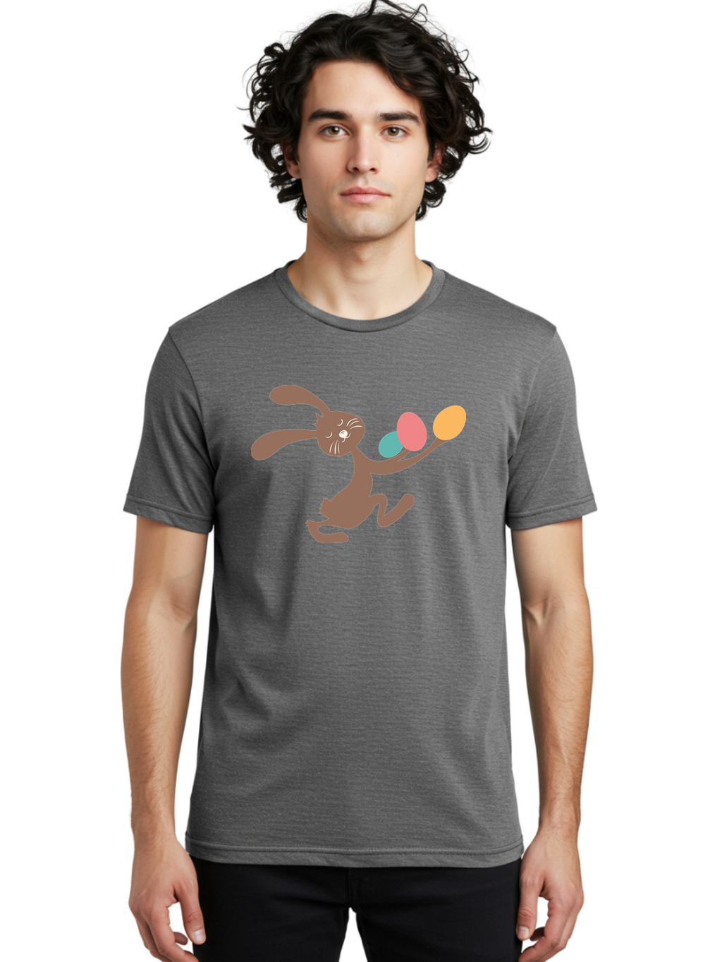 Easter-Bunny Men'S Graphic Tee, 100% Cotton, Comfortable Casual Summer Wear, Machine Washable, Cartoon Bunny, Easter Eggs, Pastel Colors, Playful Rabbit, Spring Celebration, Easter Holiday, Colorful Eggs, Festive Scene Aac668