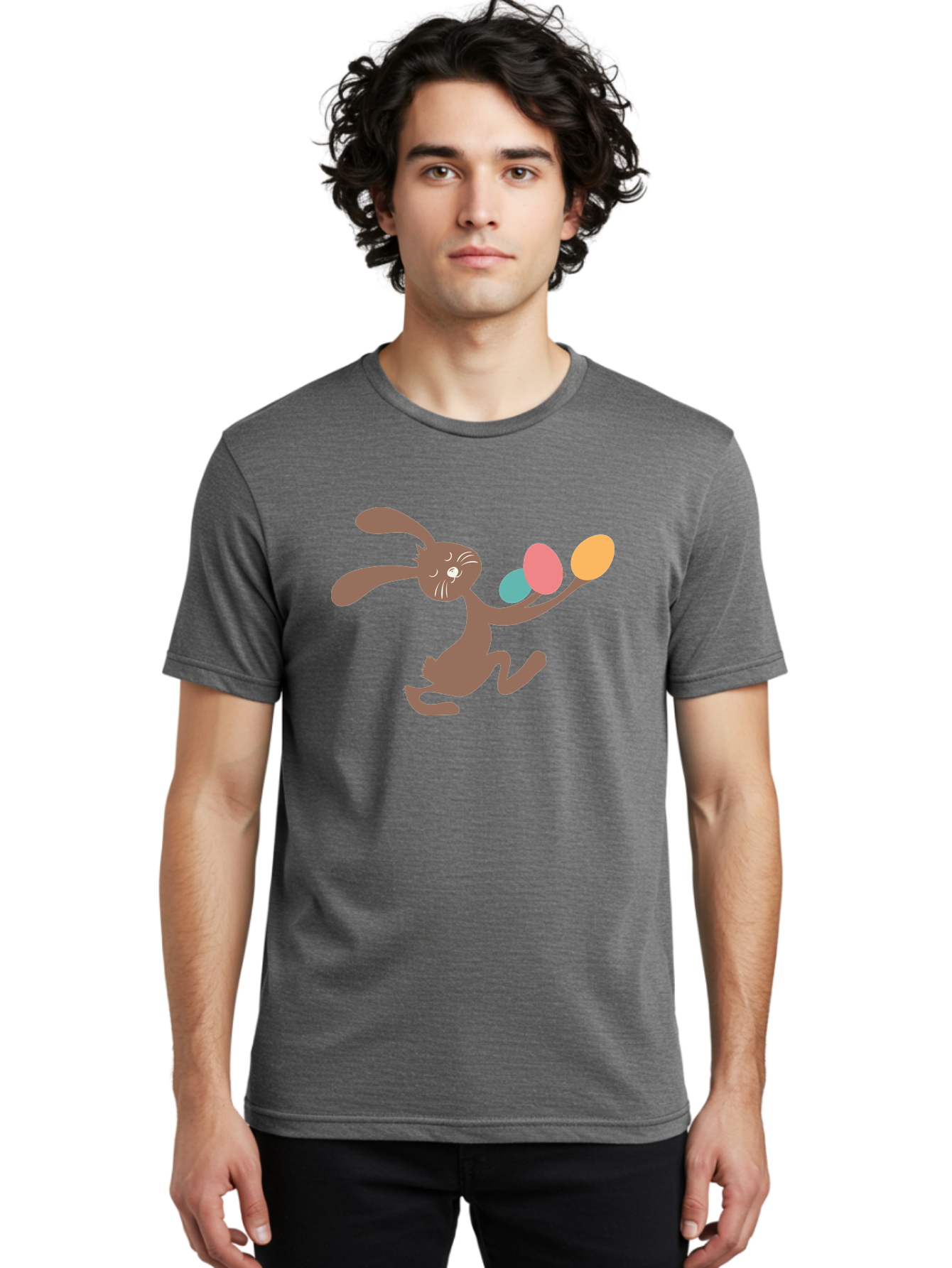 Easter-Bunny Men'S Graphic Tee, 100% Cotton, Comfortable Casual Summer Wear, Machine Washable, Cartoon Bunny, Easter Eggs, Pastel Colors, Playful Rabbit, Spring Celebration, Easter Holiday, Colorful Eggs, Festive Scene Aac668