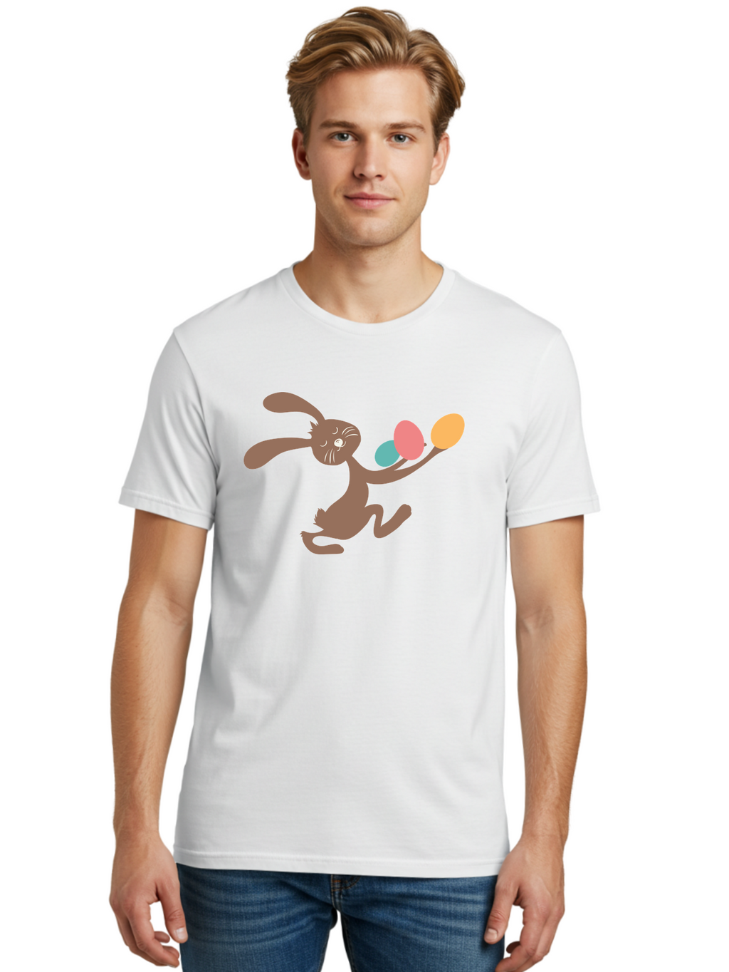 Easter-Bunny Men'S Graphic Tee, 100% Cotton, Comfortable Casual Summer Wear, Machine Washable, Cartoon Bunny, Easter Eggs, Pastel Colors, Playful Rabbit, Spring Celebration, Easter Holiday, Colorful Eggs, Festive Scene Aac668