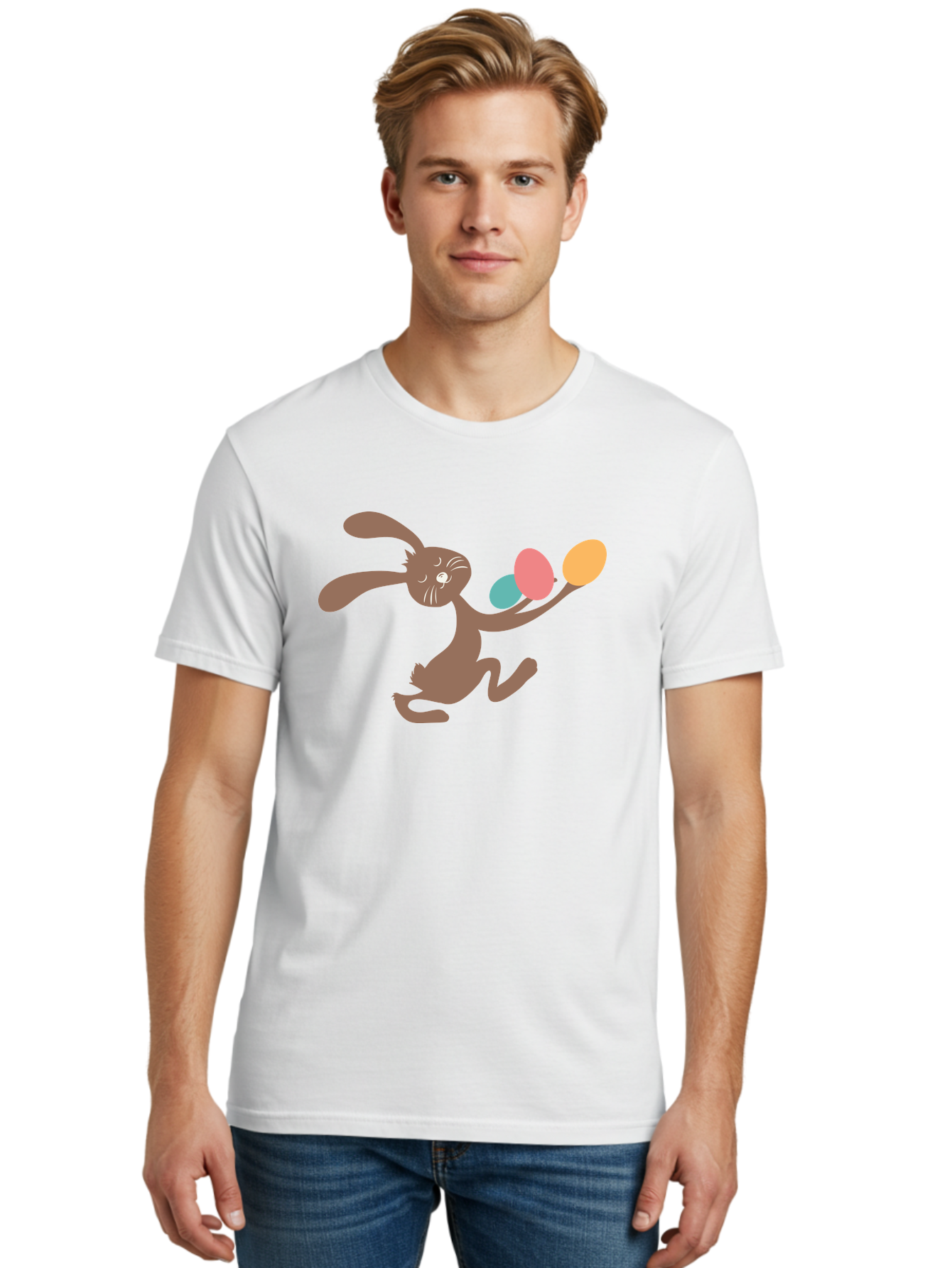Easter-Bunny Men'S Graphic Tee, 100% Cotton, Comfortable Casual Summer Wear, Machine Washable, Cartoon Bunny, Easter Eggs, Pastel Colors, Playful Rabbit, Spring Celebration, Easter Holiday, Colorful Eggs, Festive Scene Aac668