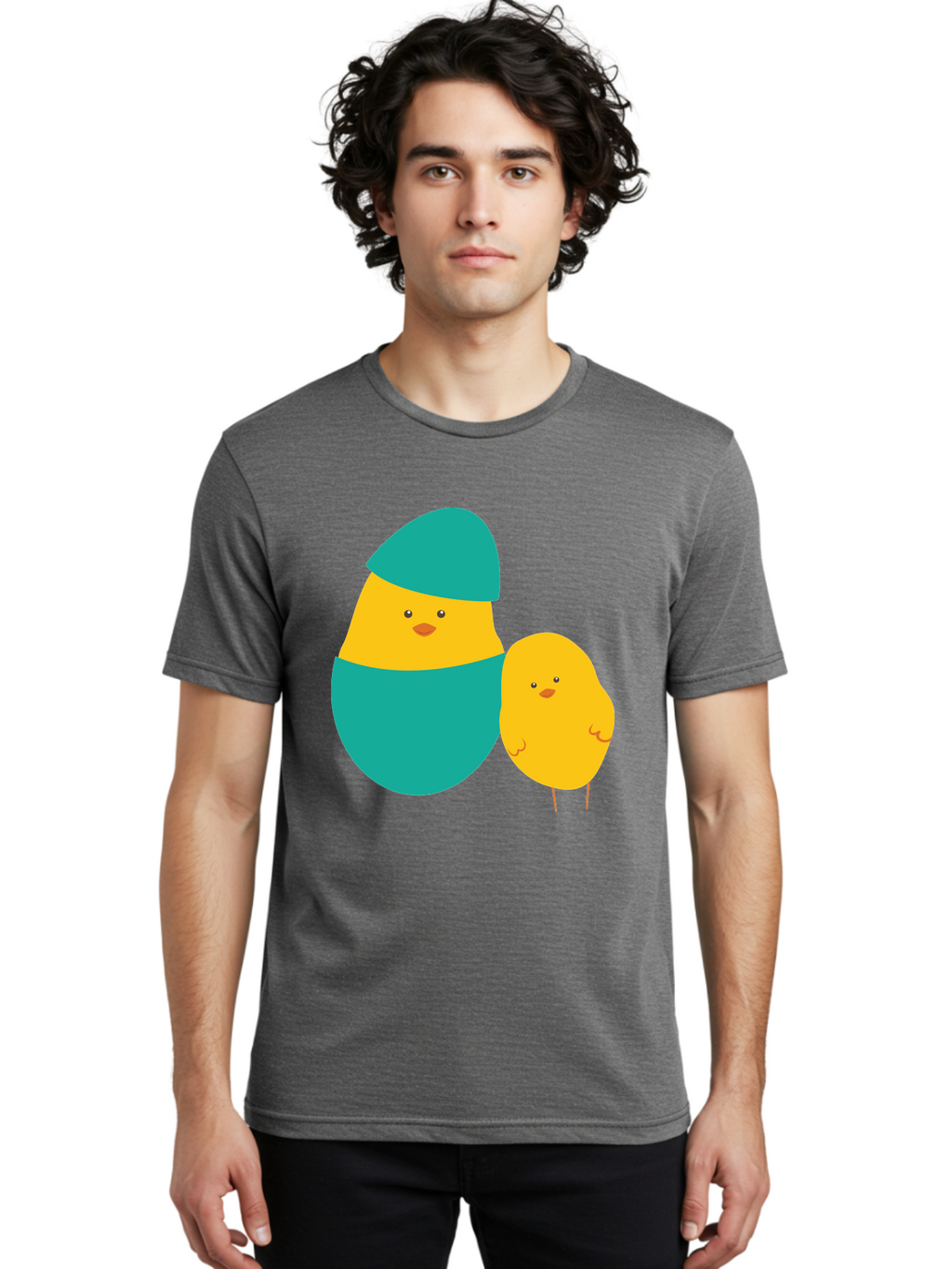 Easter-Chick-And-Hatching-Chick Men'S Graphic Tee, 100% Cotton, Comfortable Casual Summer Wear, Machine Washable, Hatching Chick, Yellow Chick, Cartoon Character, Teal Egg, Newborn Animal, Cute Illustration, Nursery Art, Easter Theme, Aac669