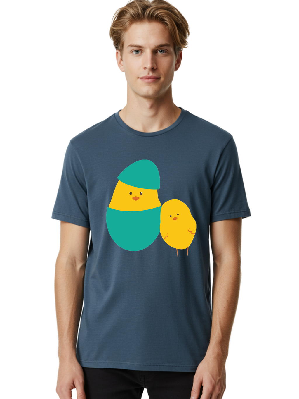 Easter-Chick-And-Hatching-Chick Men'S Graphic Tee, 100% Cotton, Comfortable Casual Summer Wear, Machine Washable, Hatching Chick, Yellow Chick, Cartoon Character, Teal Egg, Newborn Animal, Cute Illustration, Nursery Art, Easter Theme, Aac669