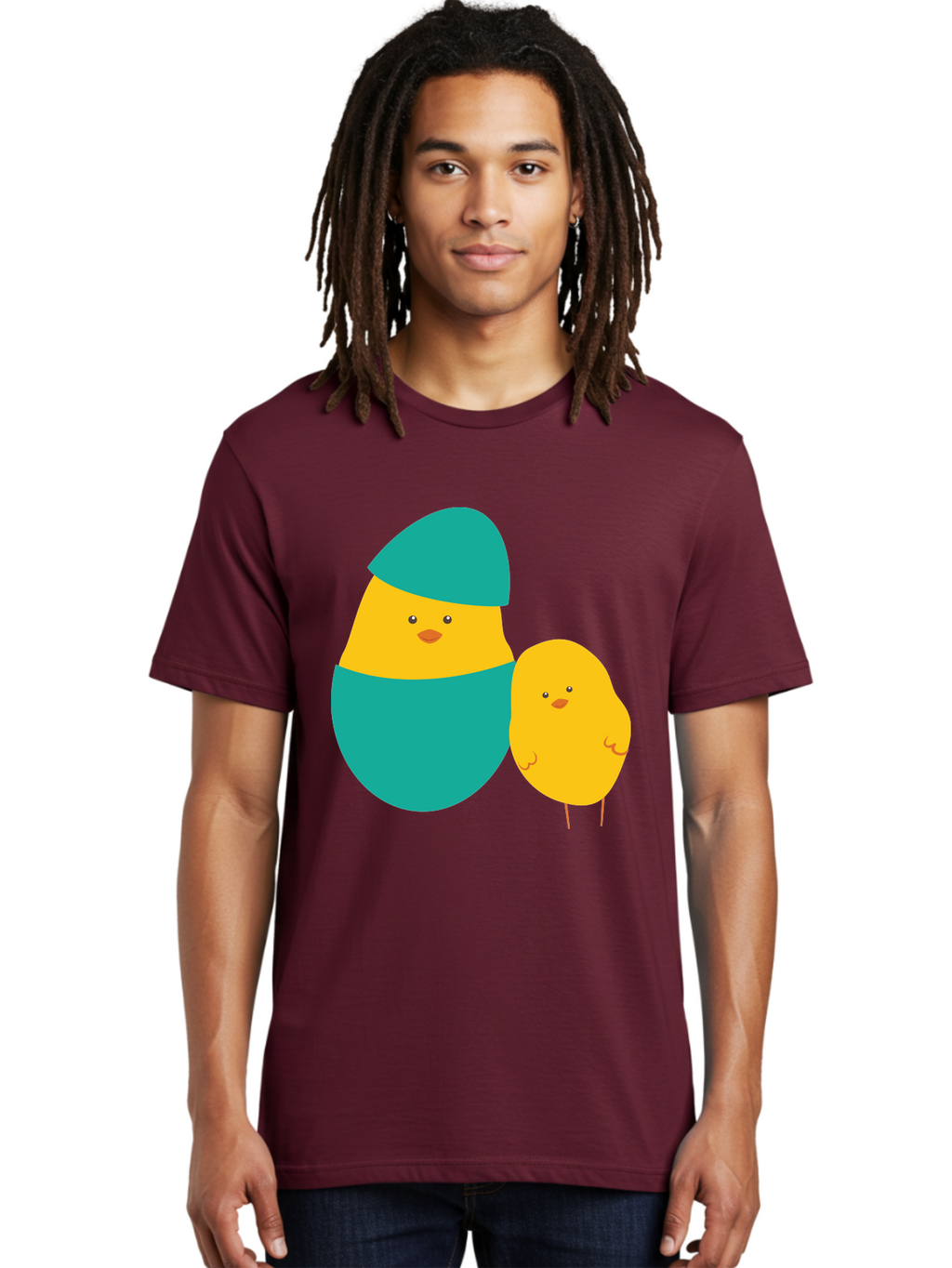 Easter-Chick-And-Hatching-Chick Men'S Graphic Tee, 100% Cotton, Comfortable Casual Summer Wear, Machine Washable, Hatching Chick, Yellow Chick, Cartoon Character, Teal Egg, Newborn Animal, Cute Illustration, Nursery Art, Easter Theme, Aac669