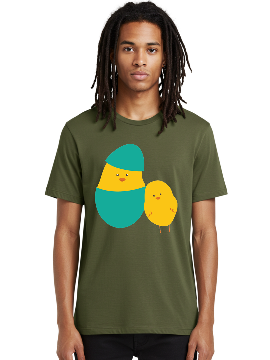 Easter-Chick-And-Hatching-Chick Men'S Graphic Tee, 100% Cotton, Comfortable Casual Summer Wear, Machine Washable, Hatching Chick, Yellow Chick, Cartoon Character, Teal Egg, Newborn Animal, Cute Illustration, Nursery Art, Easter Theme, Aac669