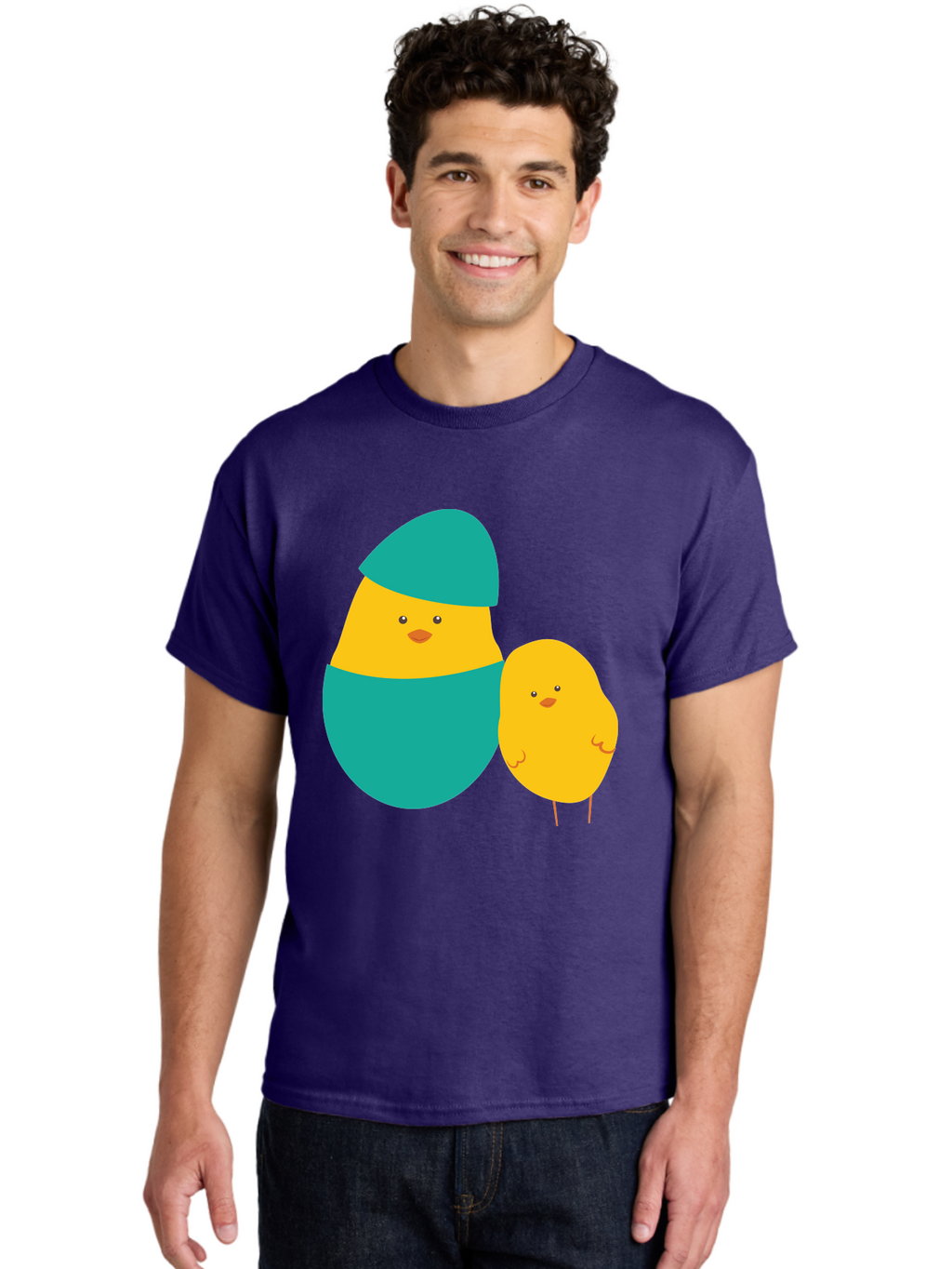 Easter-Chick-And-Hatching-Chick Men'S Graphic Tee, 100% Cotton, Comfortable Casual Summer Wear, Machine Washable, Hatching Chick, Yellow Chick, Cartoon Character, Teal Egg, Newborn Animal, Cute Illustration, Nursery Art, Easter Theme, Aac669