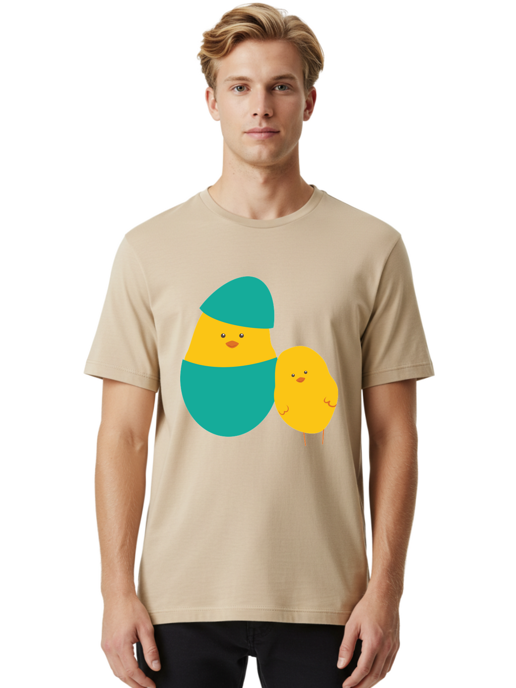 Easter-Chick-And-Hatching-Chick Men'S Graphic Tee, 100% Cotton, Comfortable Casual Summer Wear, Machine Washable, Hatching Chick, Yellow Chick, Cartoon Character, Teal Egg, Newborn Animal, Cute Illustration, Nursery Art, Easter Theme, Aac669